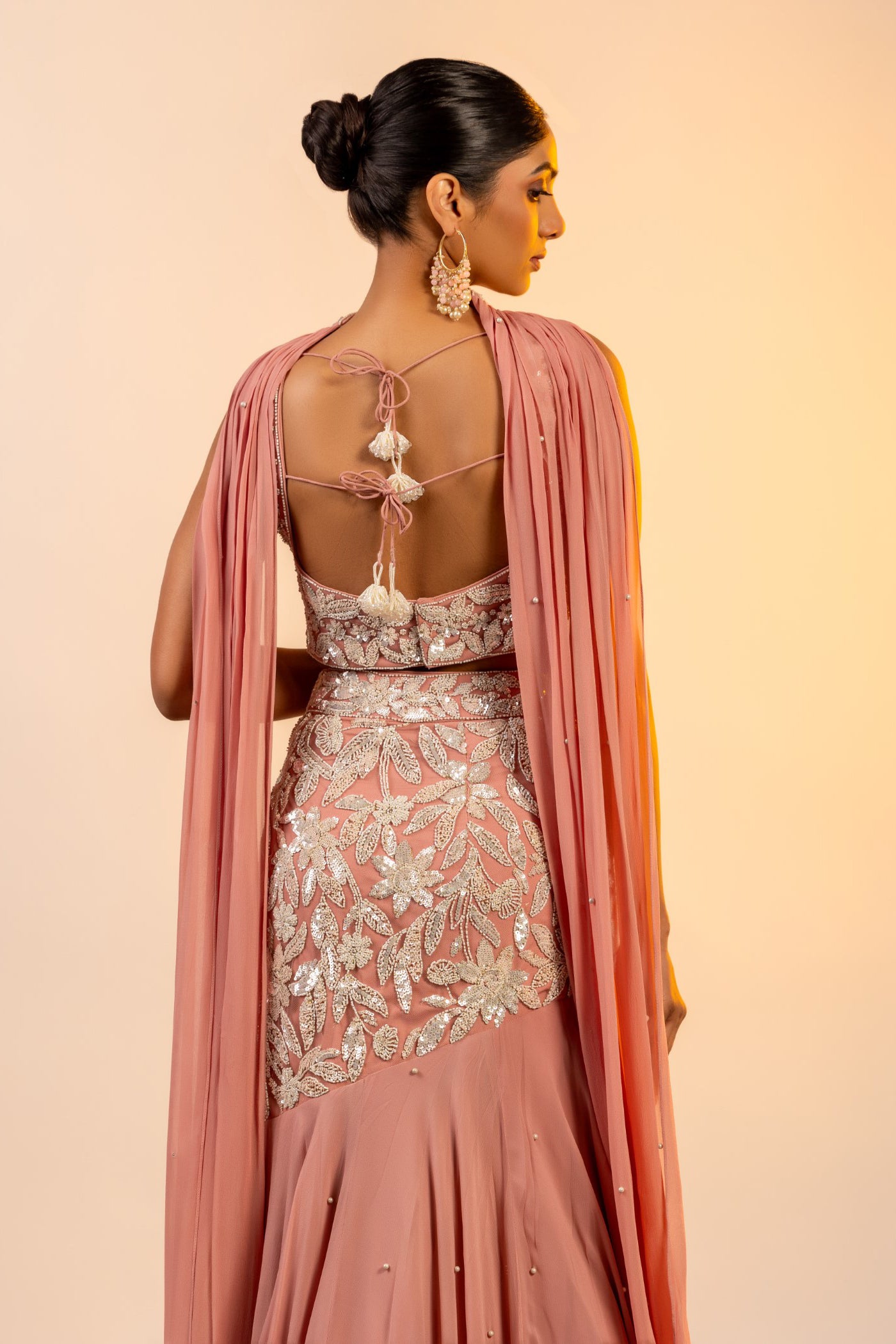Pink cutdana studded crop top and skirt