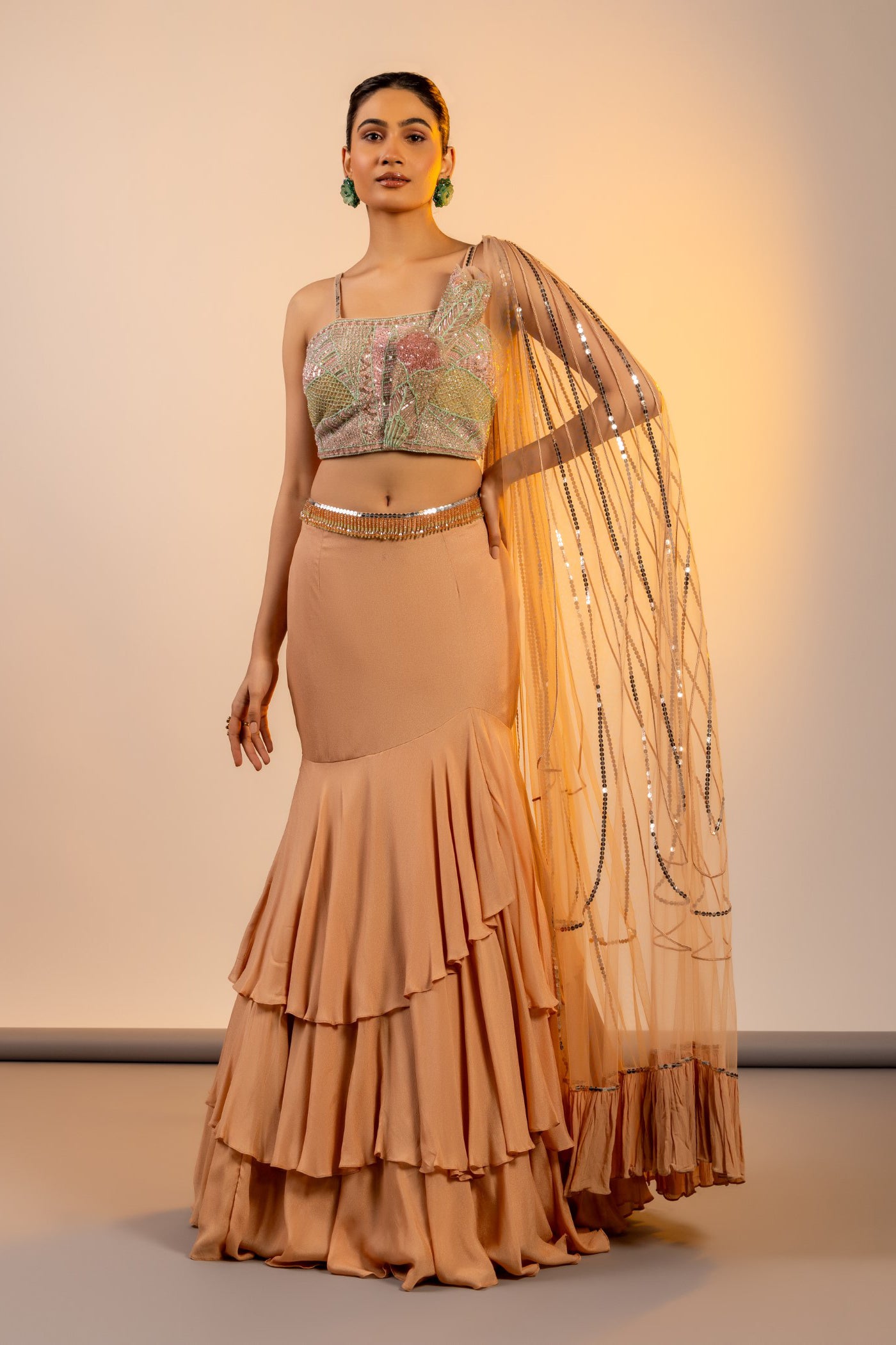 Gold georgette crop top and skirt