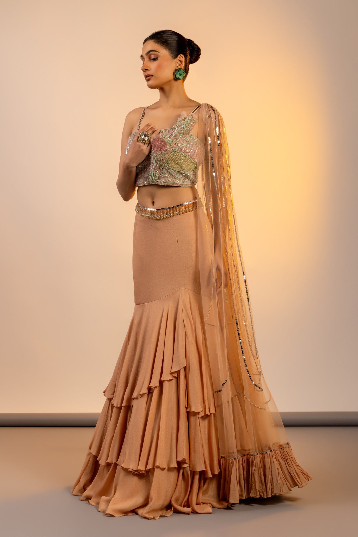Gold georgette crop top and skirt