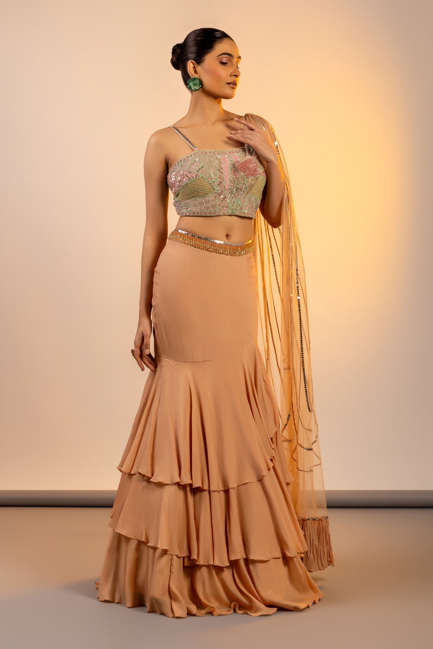 Gold georgette crop top and skirt