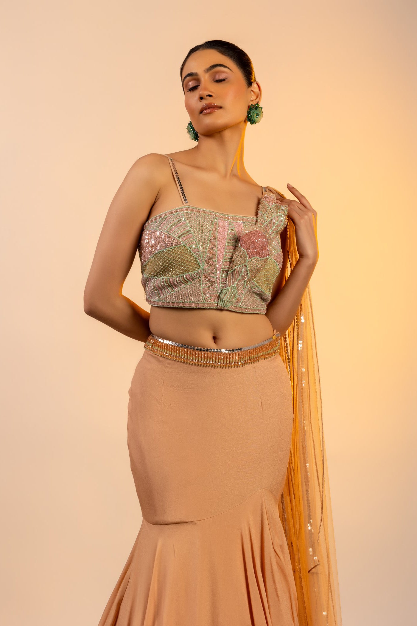 Gold georgette crop top and skirt
