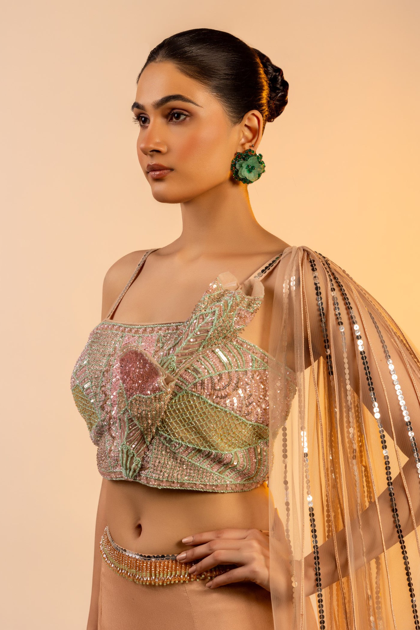 Gold georgette crop top and skirt