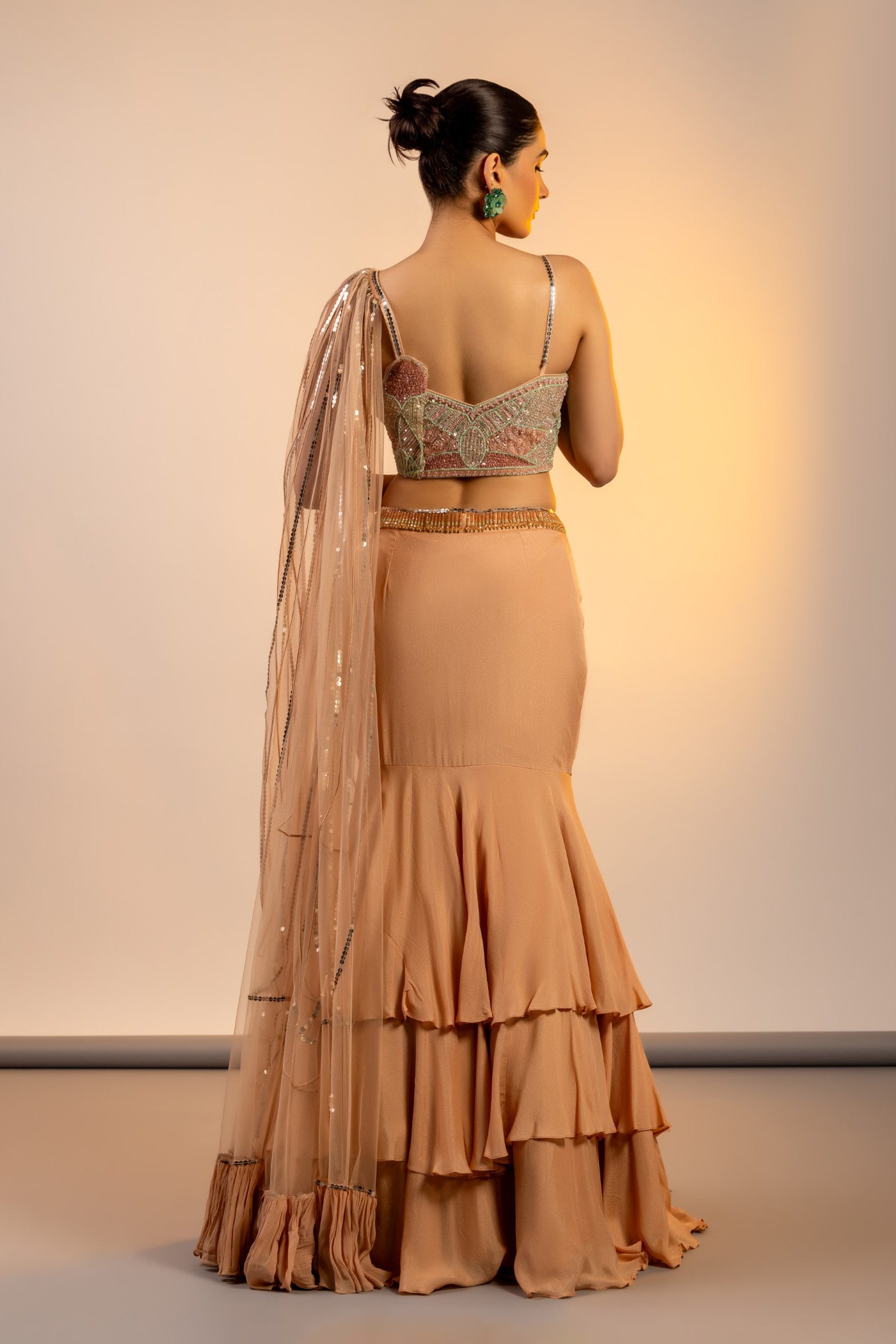 Gold georgette crop top and skirt