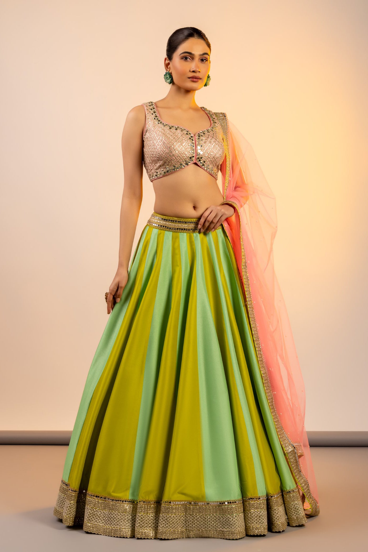 Apple Green mirror embroidered crop top and skirt