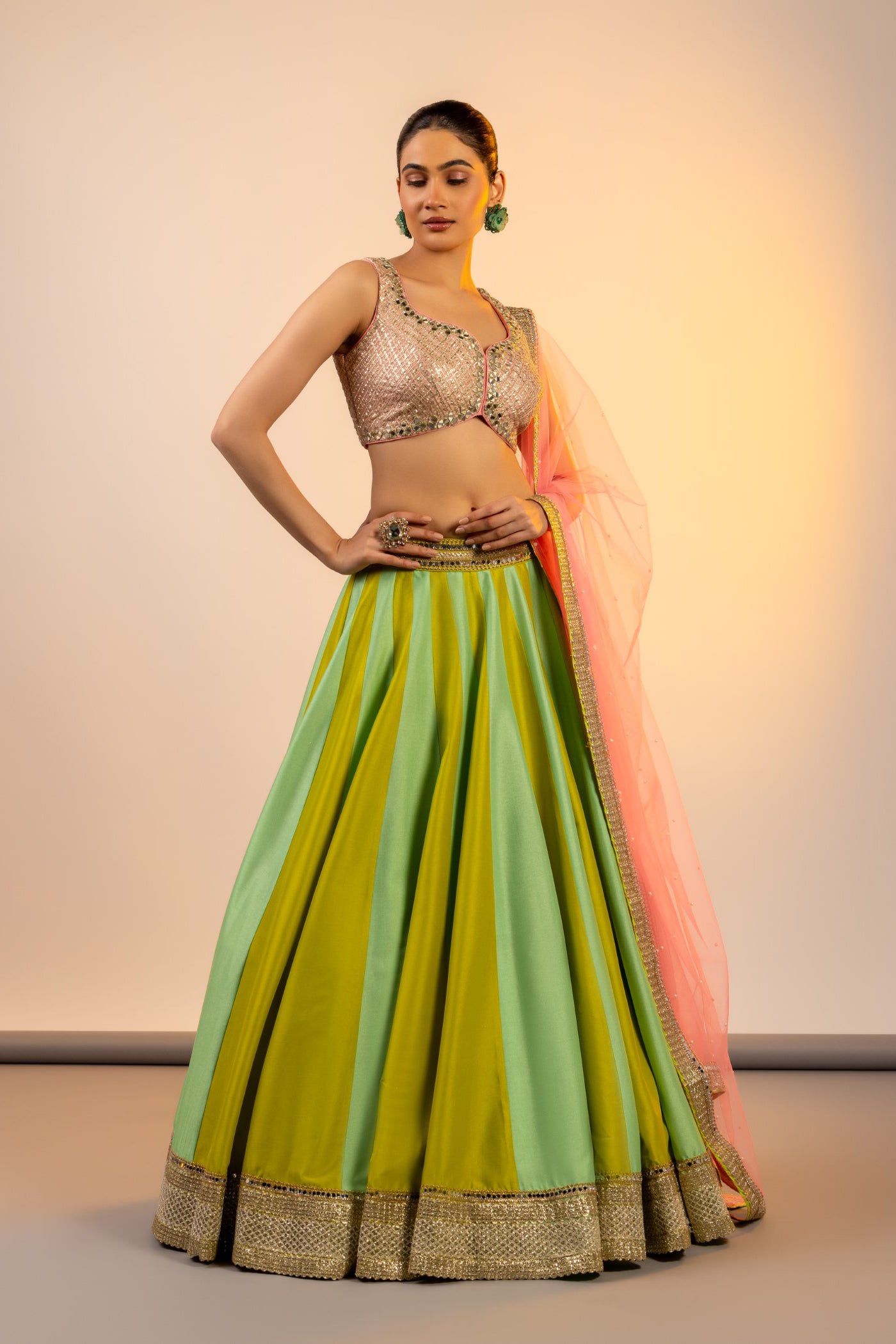 Apple Green mirror embroidered crop top and skirt