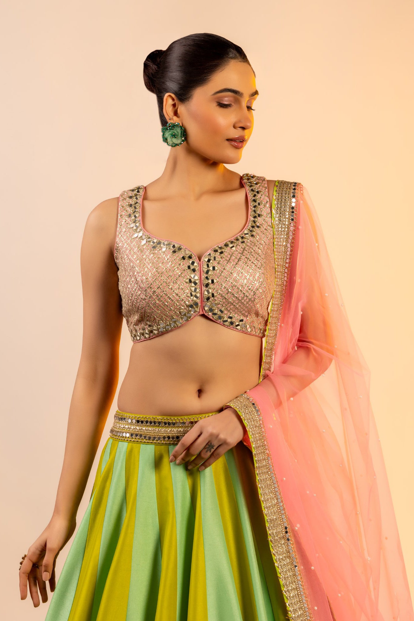 Apple Green mirror embroidered crop top and skirt