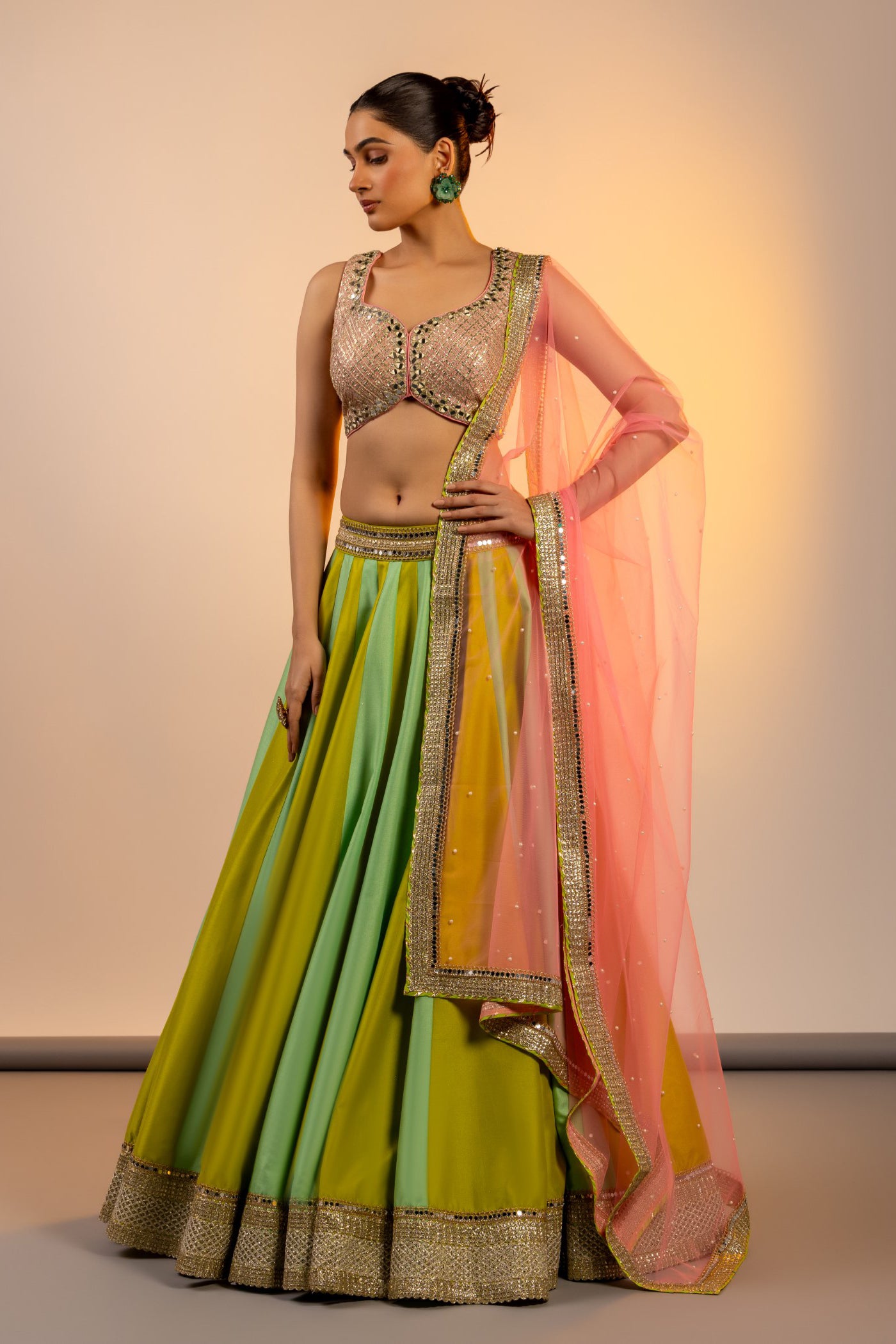 Apple Green mirror embroidered crop top and skirt