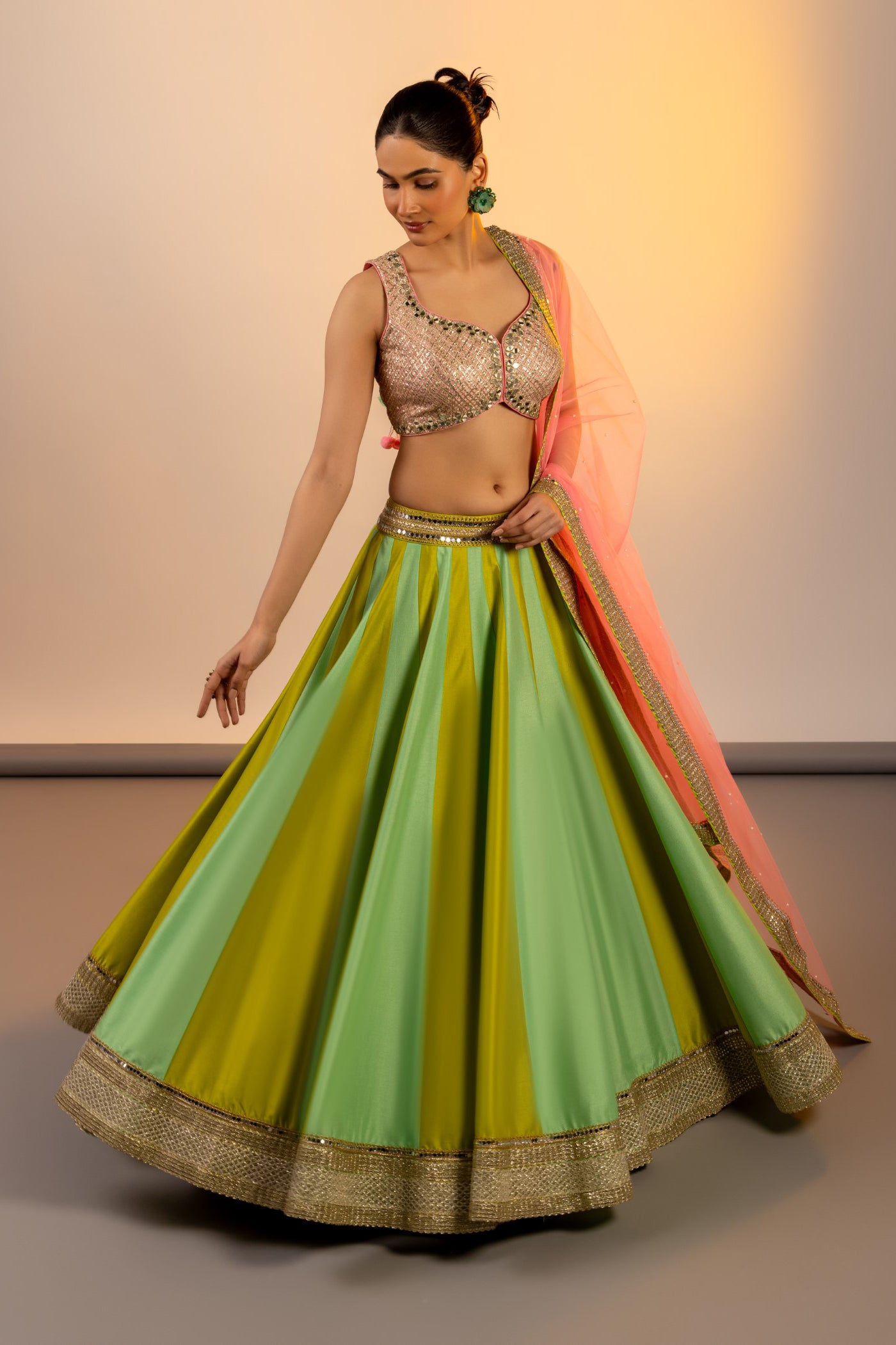 Apple Green mirror embroidered crop top and skirt