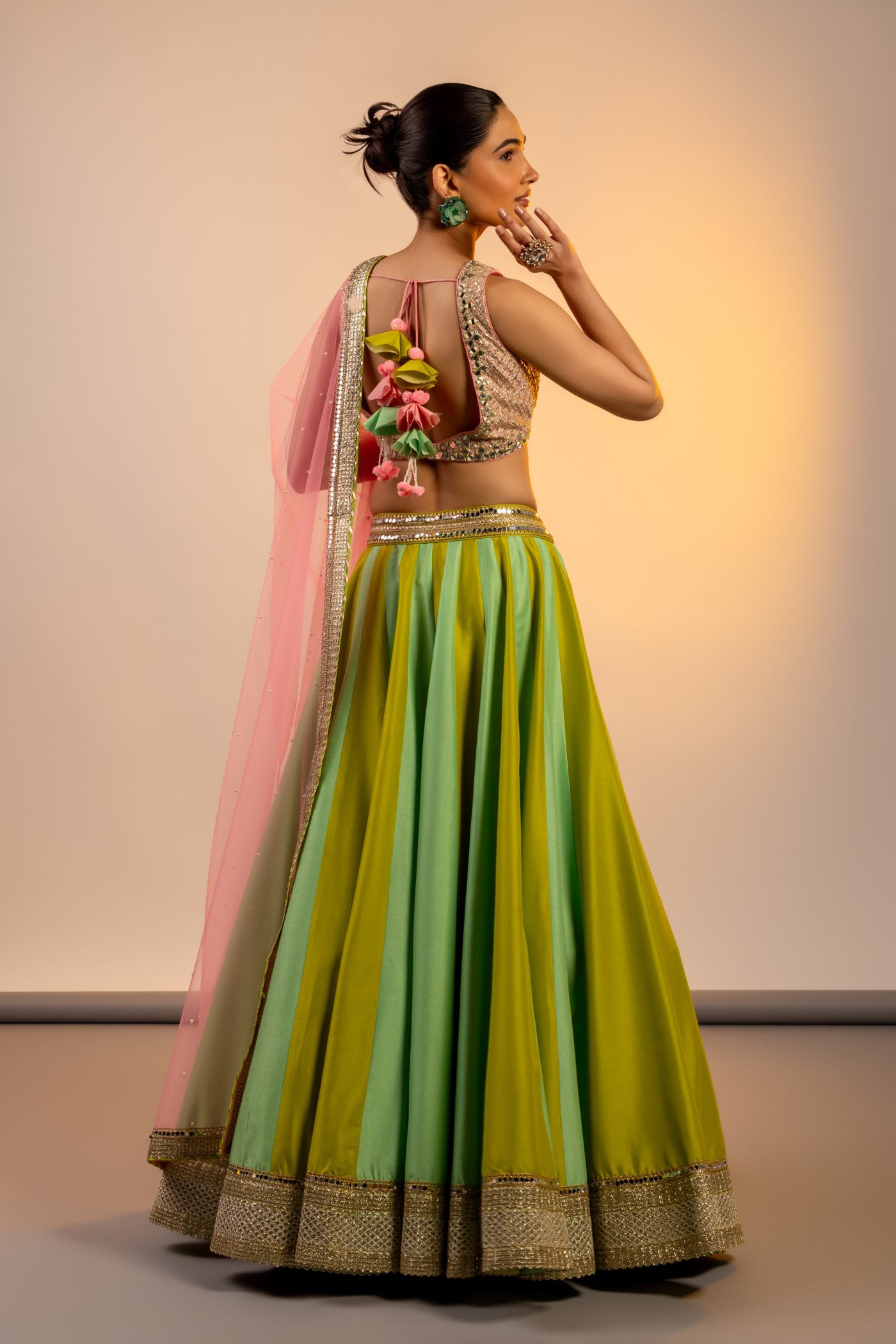 Apple Green mirror embroidered crop top and skirt