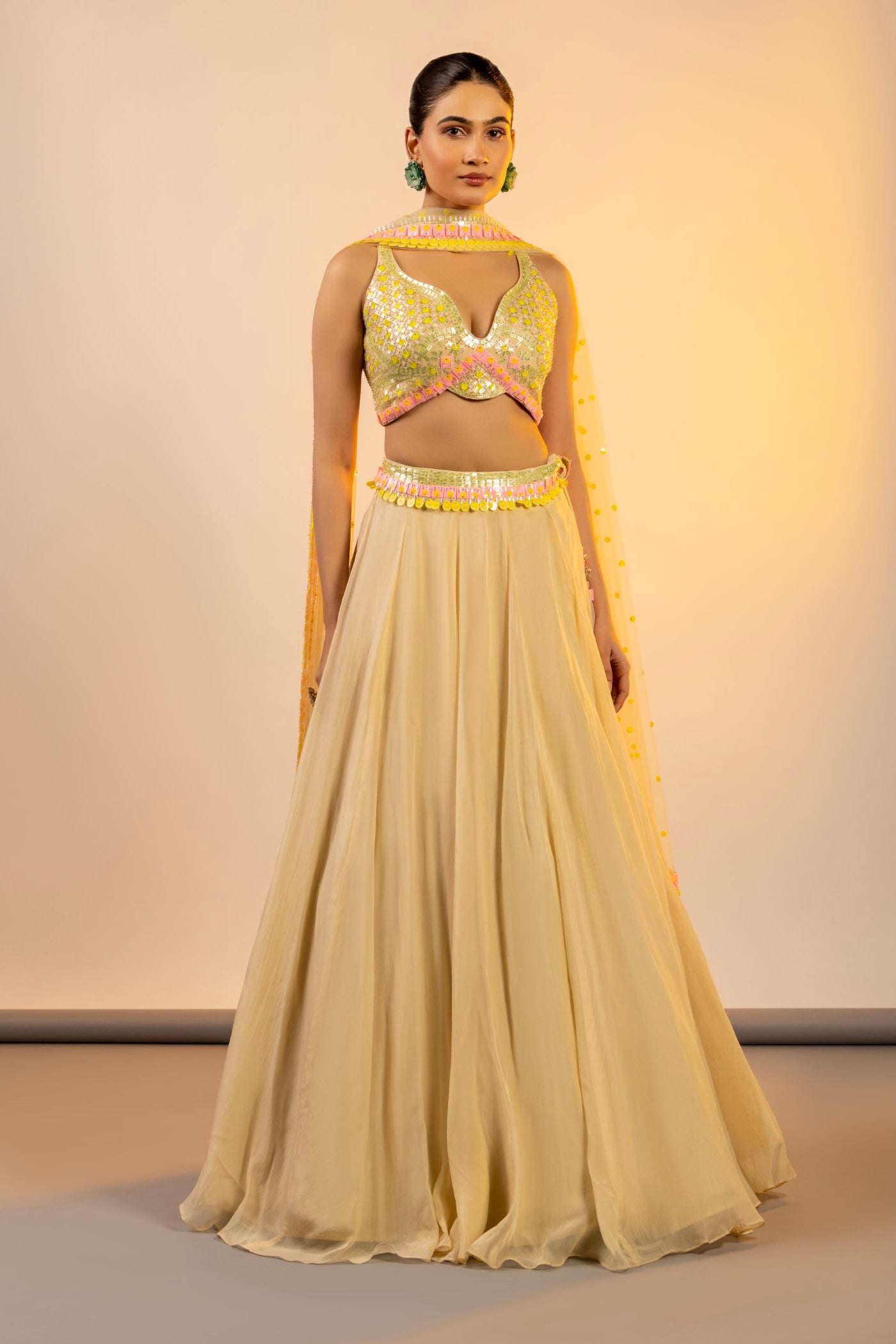 Yellow georgette crop top with skirt and dupatta