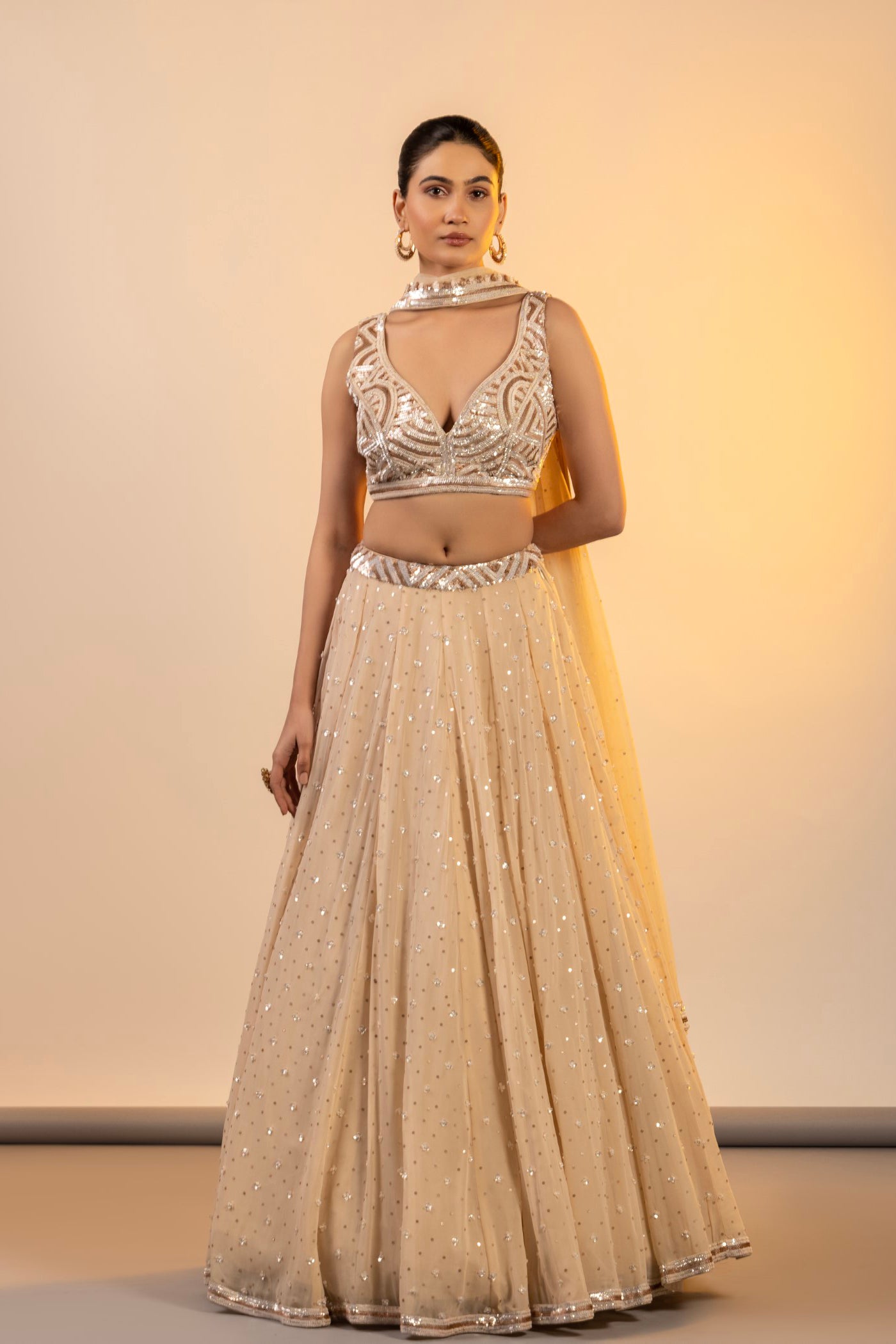 Cream Georgette Crop top and skirt with dupatta