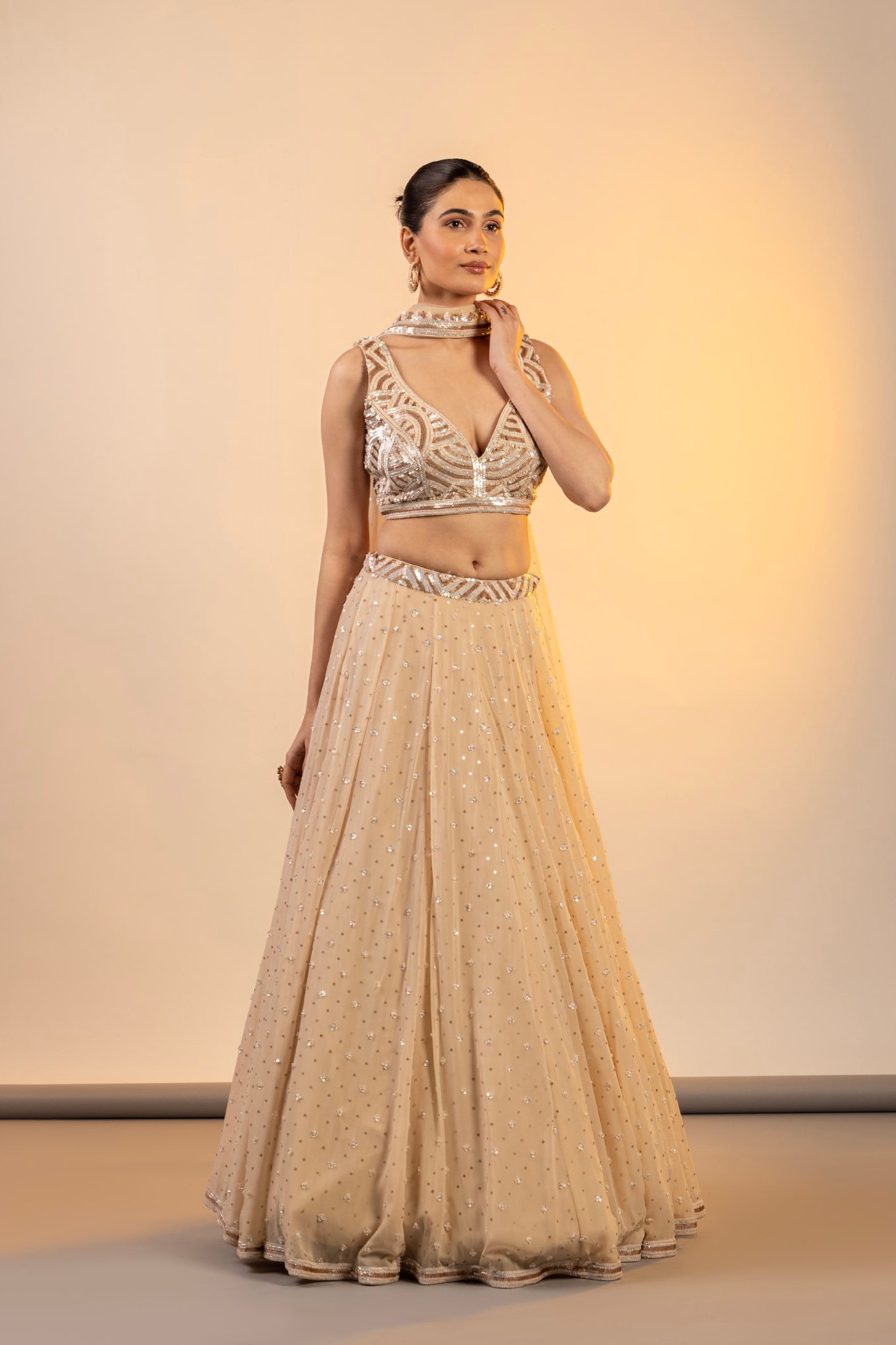 Cream Georgette Crop top and skirt with dupatta