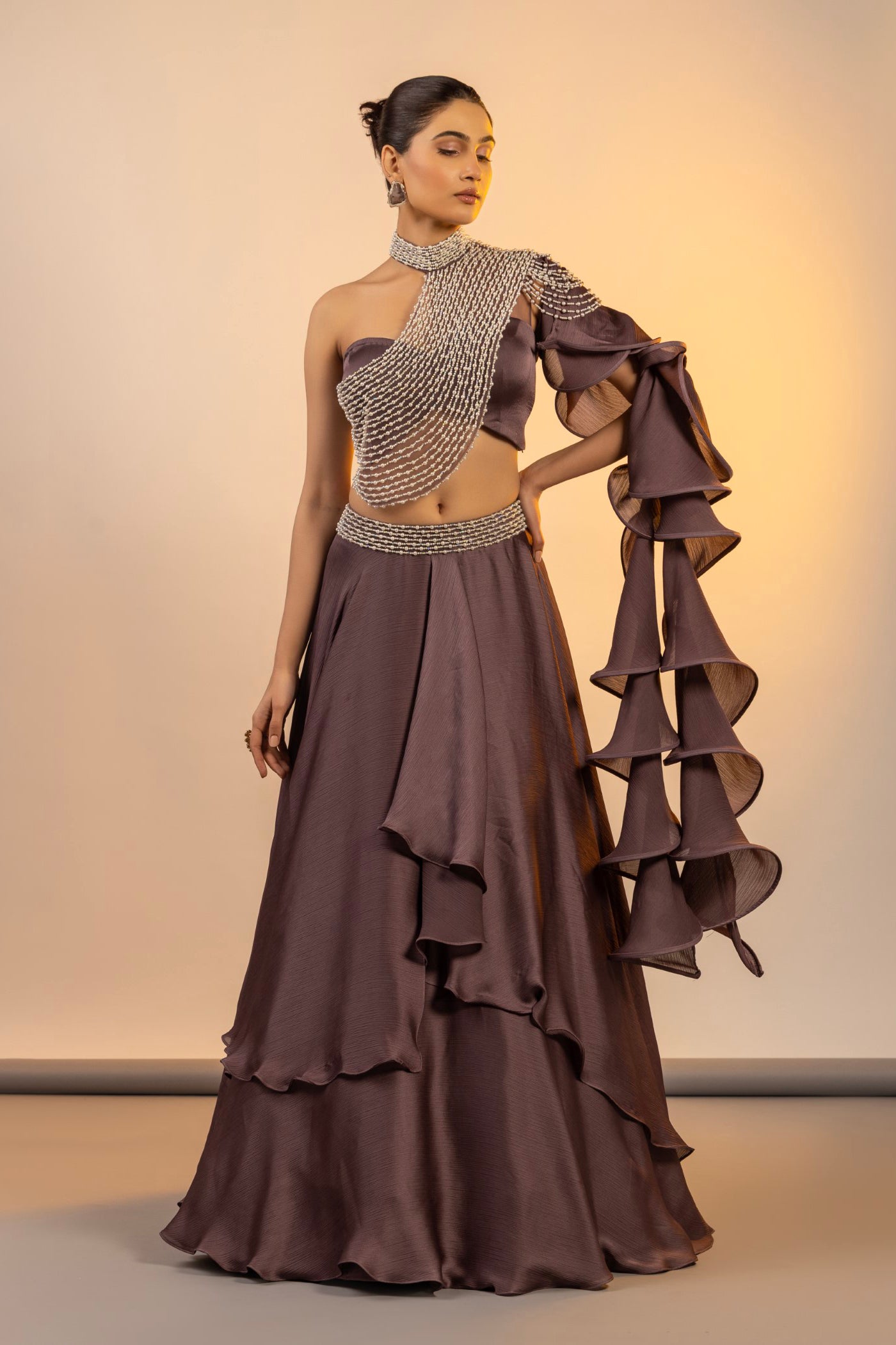 Dark Mauve Chinnon Crop Top and Skirt