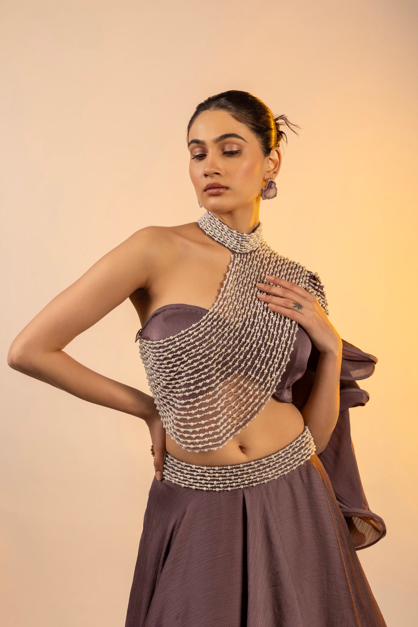 Dark Mauve Chinnon Crop Top and Skirt