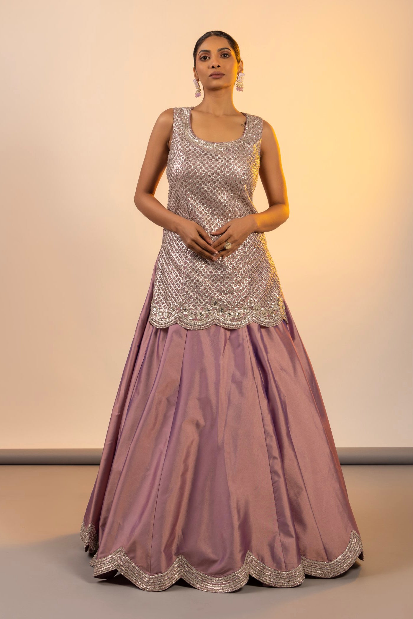 Onion Pink Silk Kurti With Skirt and dupatta