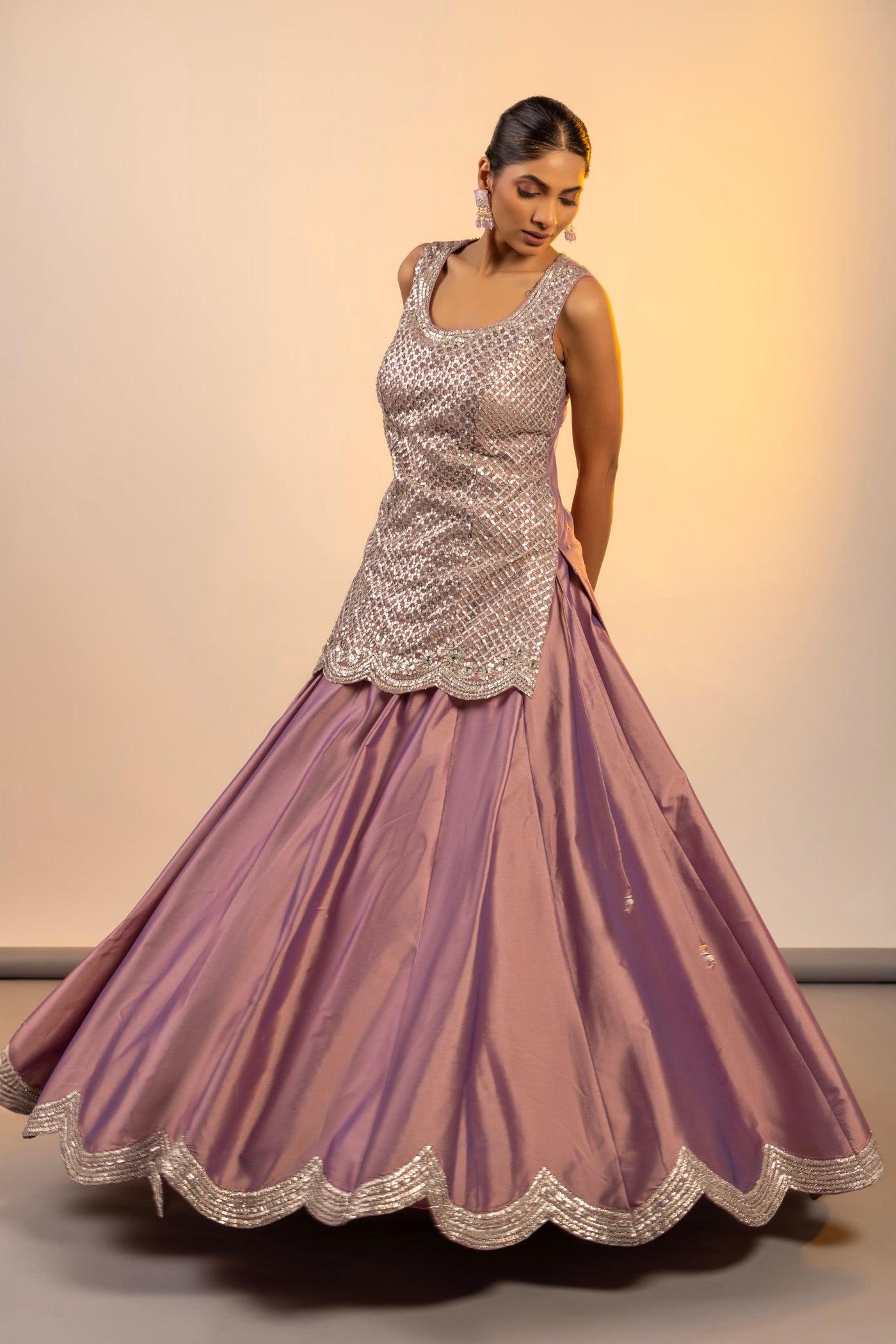 Onion Pink Silk Kurti With Skirt and dupatta