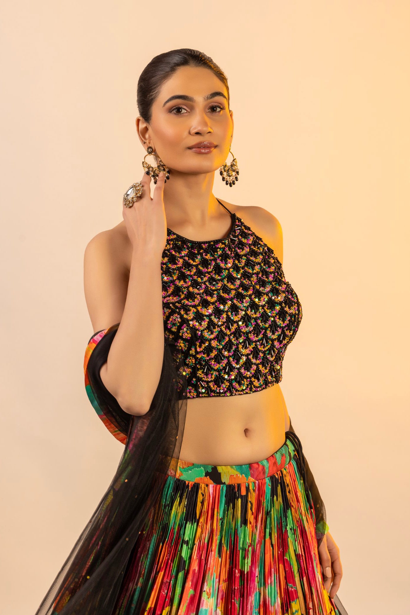 Black Multi colour crop top and skirt