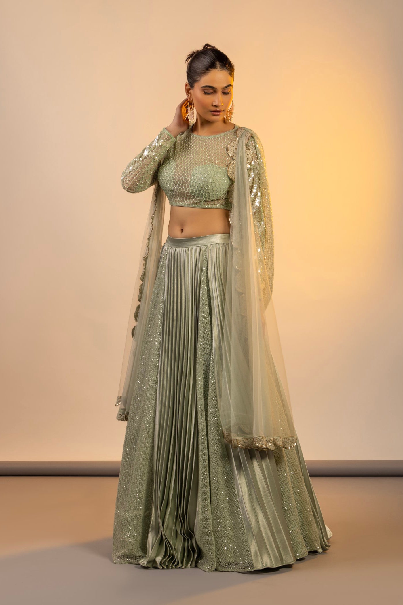Aqua crop top and cape with cutdana work