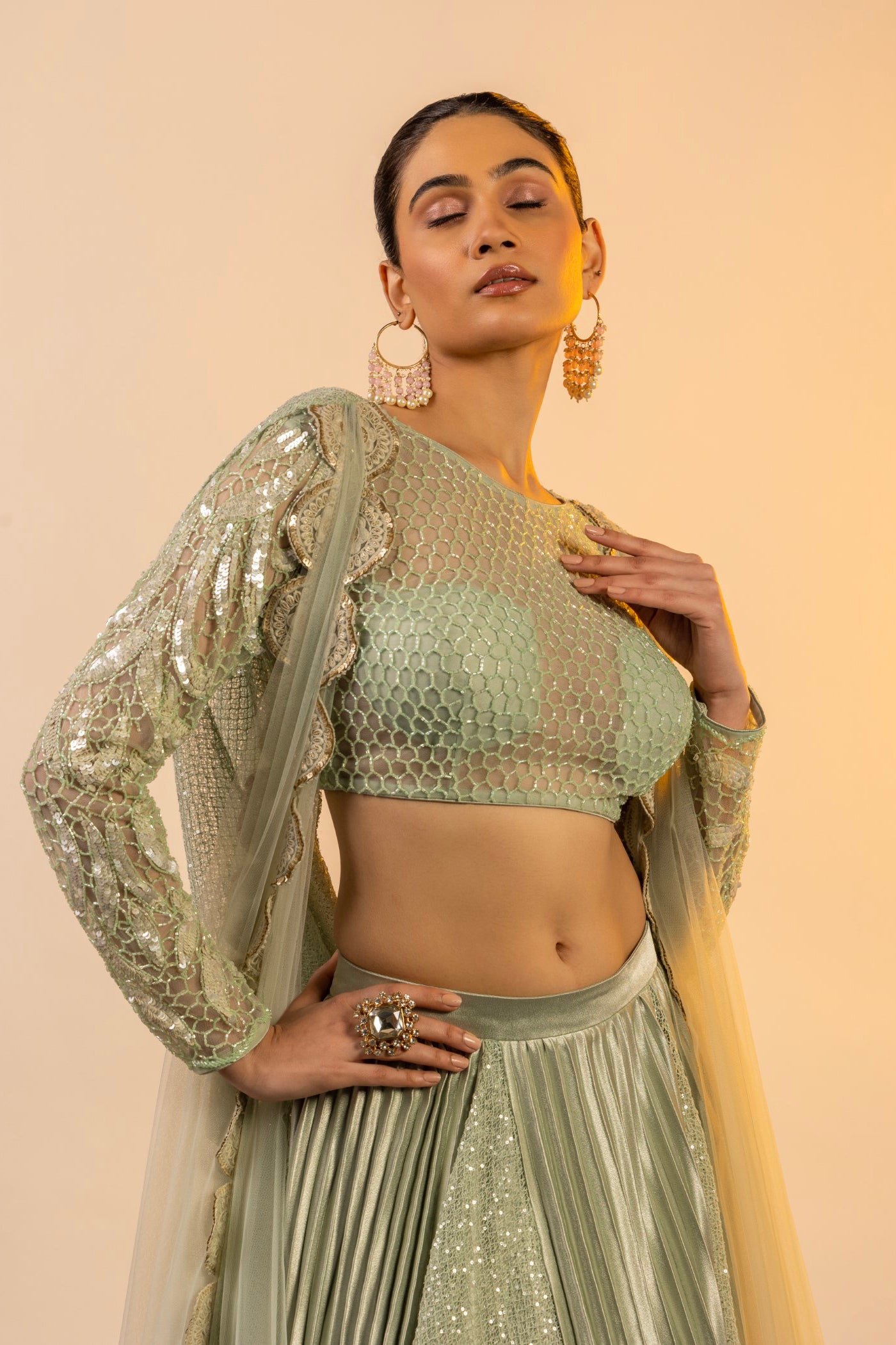 Aqua crop top and cape with cutdana work