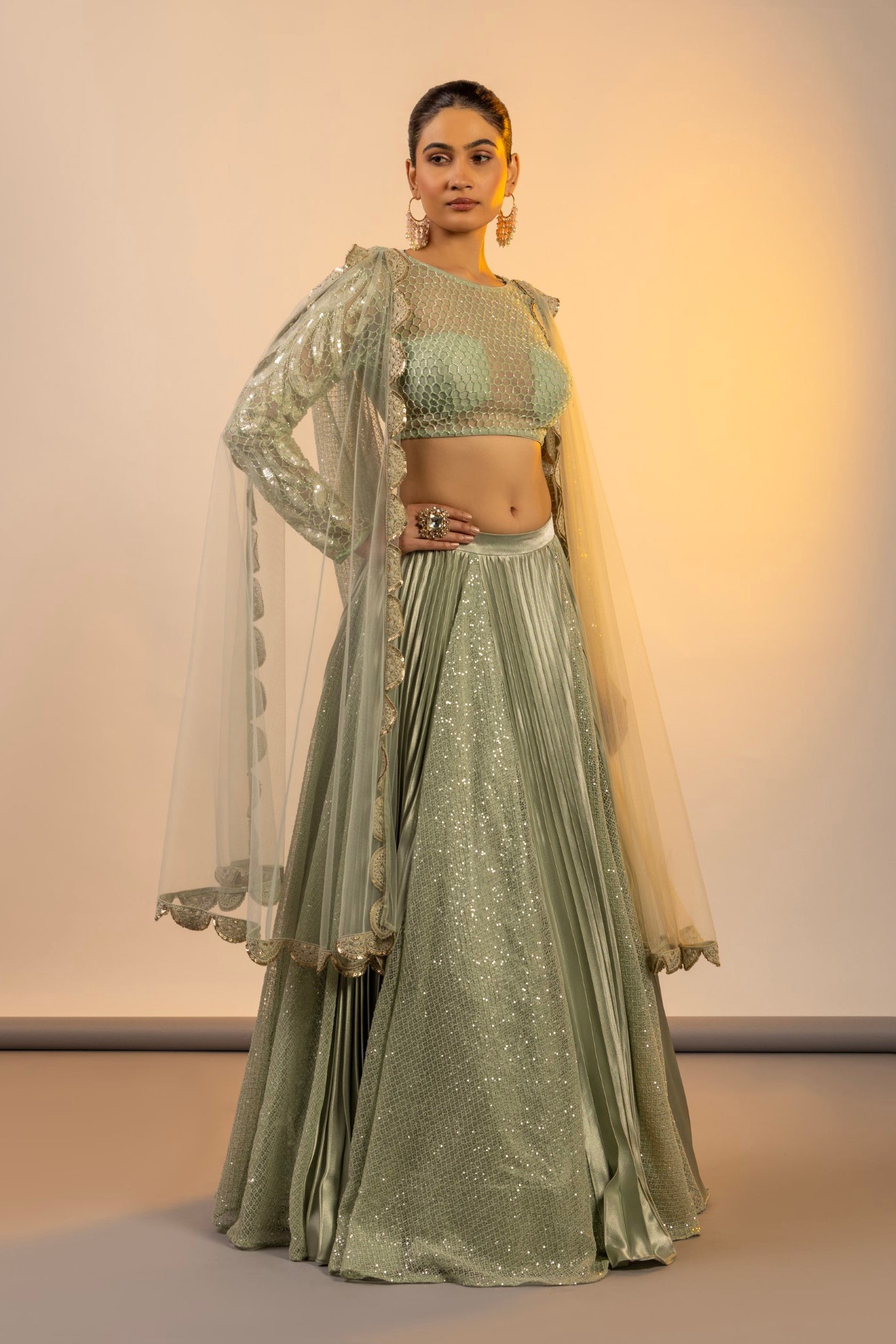 Aqua crop top and cape with cutdana work
