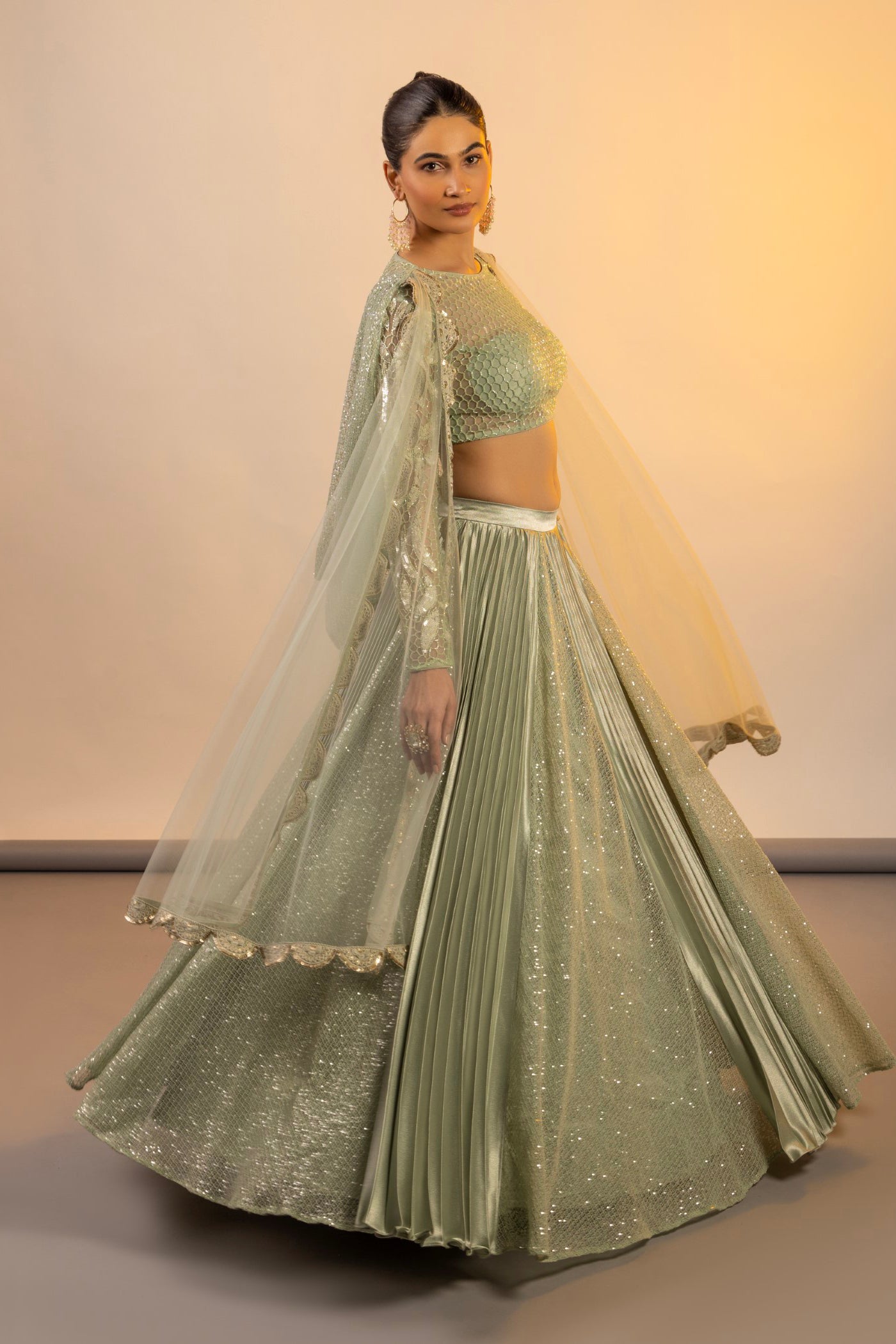 Aqua crop top and cape with cutdana work