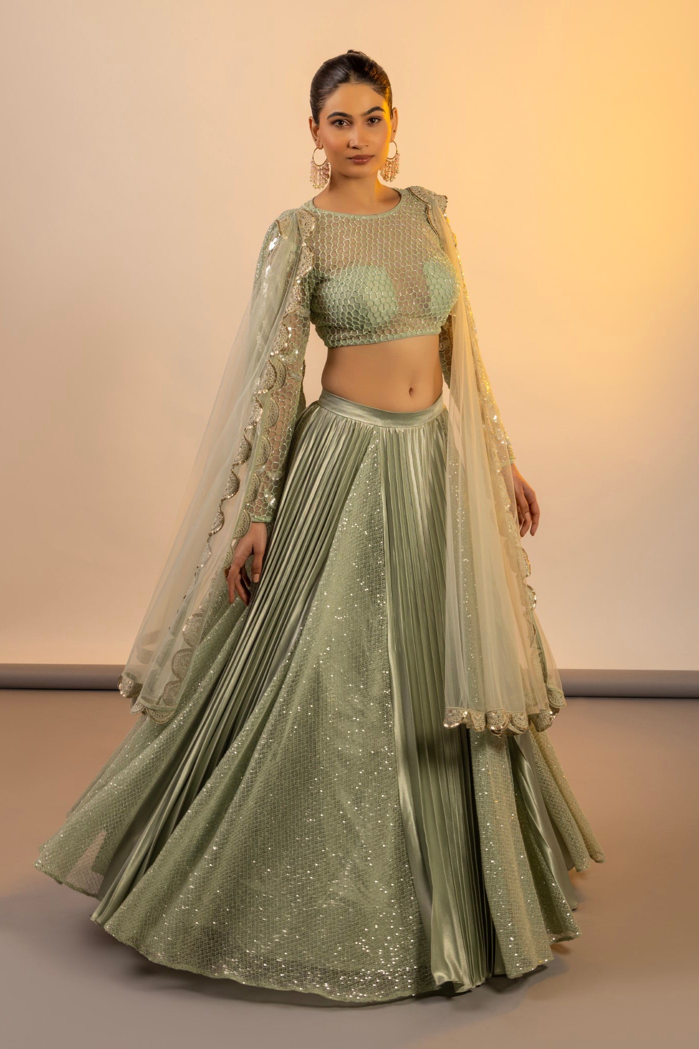 Aqua crop top and cape with cutdana work