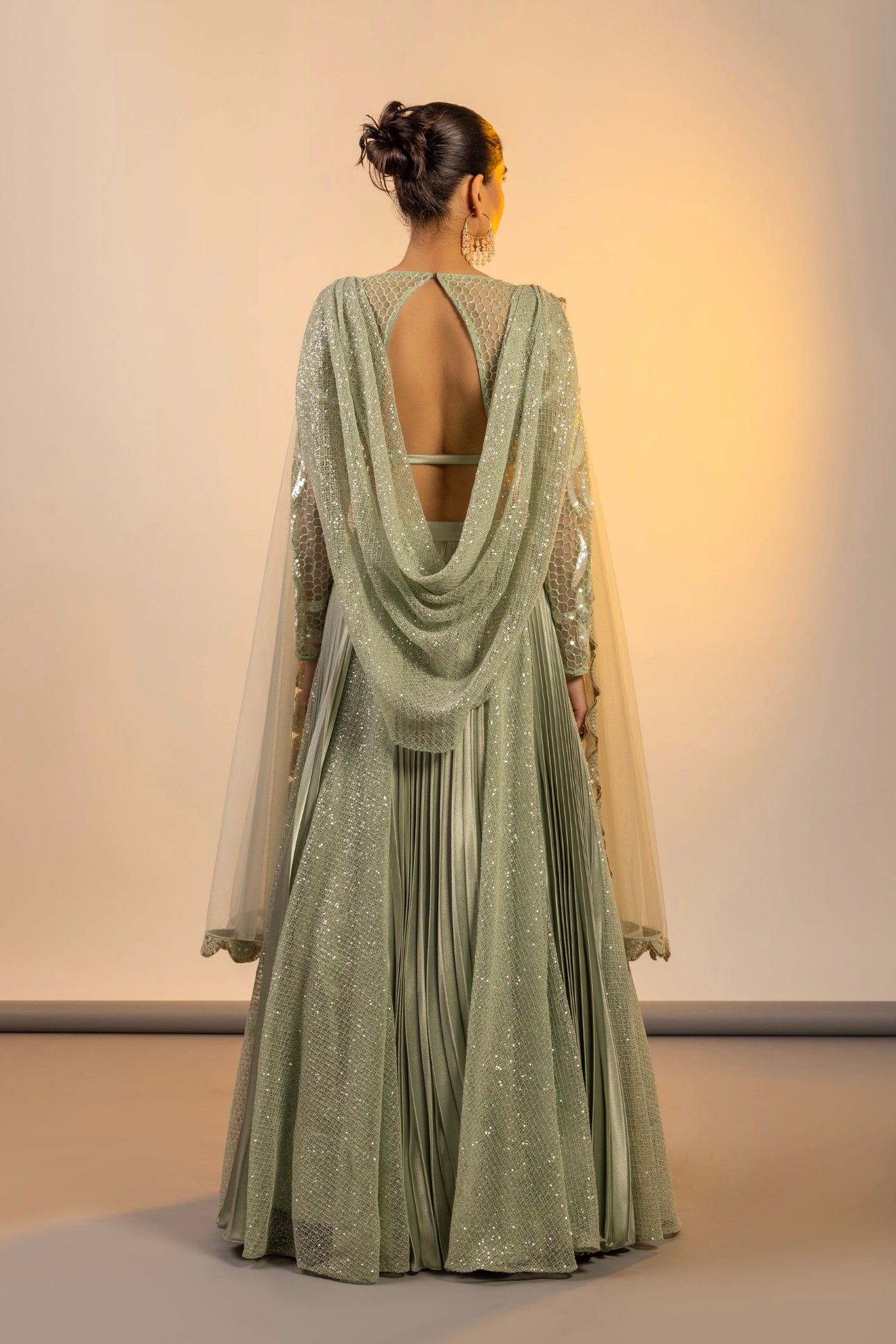 Aqua crop top and cape with cutdana work