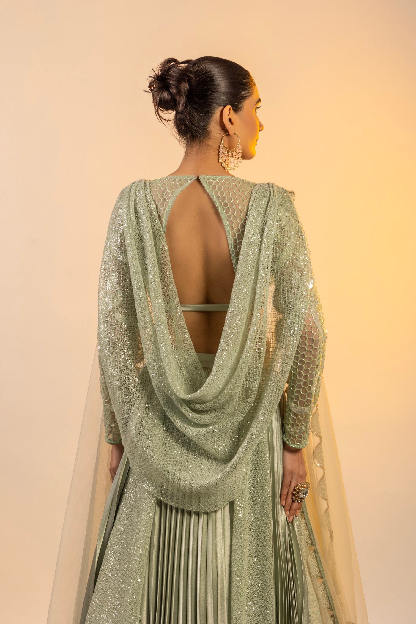 Aqua crop top and cape with cutdana work