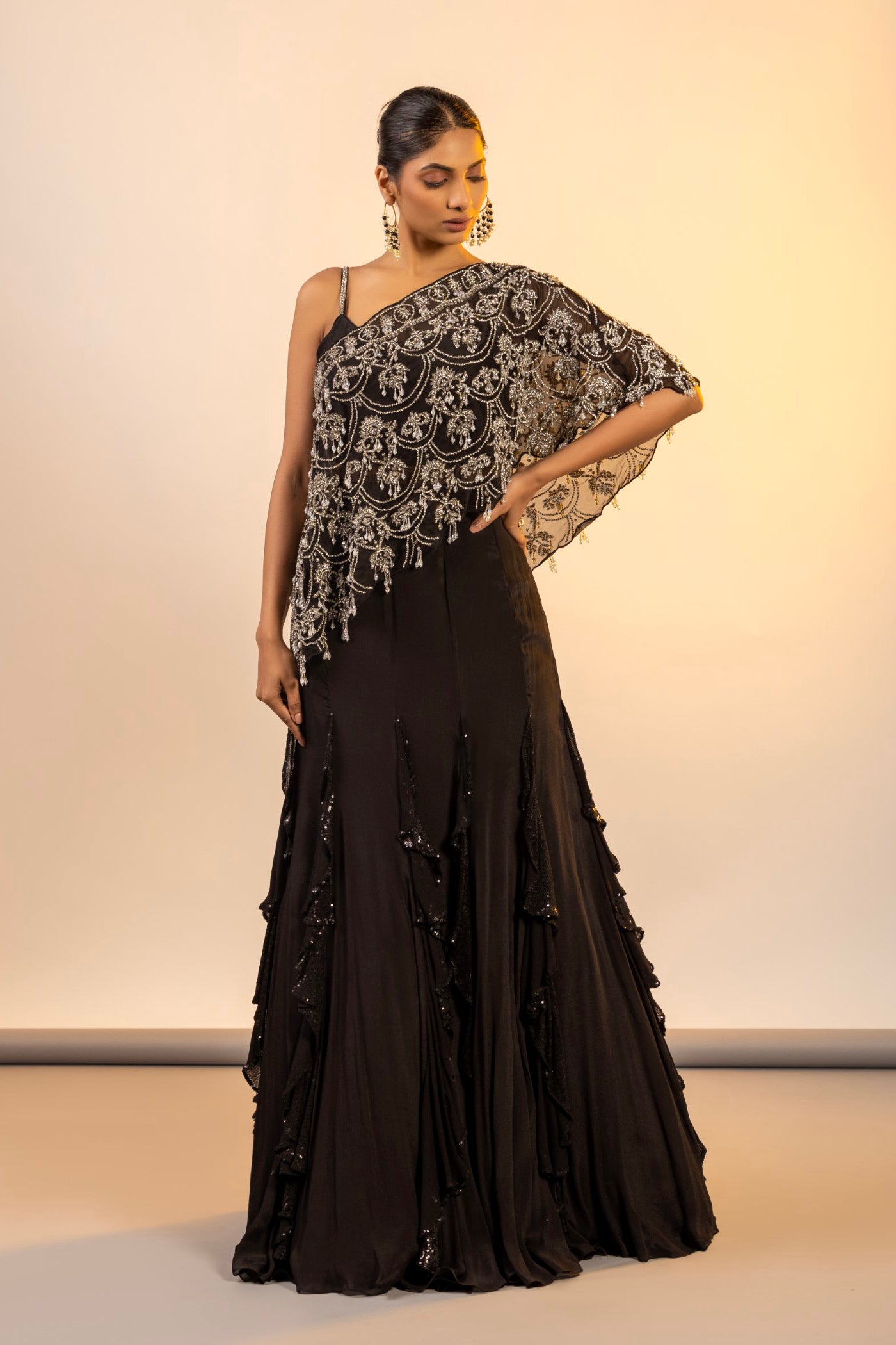 Black crop top and skirt with poncho