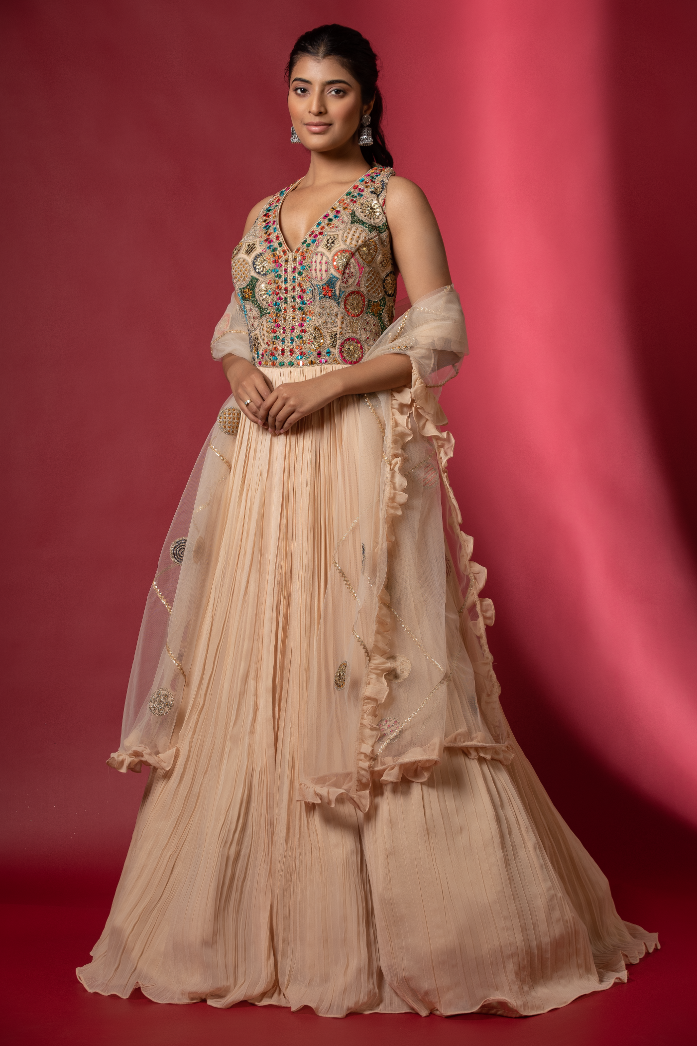 Gold georgette long anarkali with zari and mirror