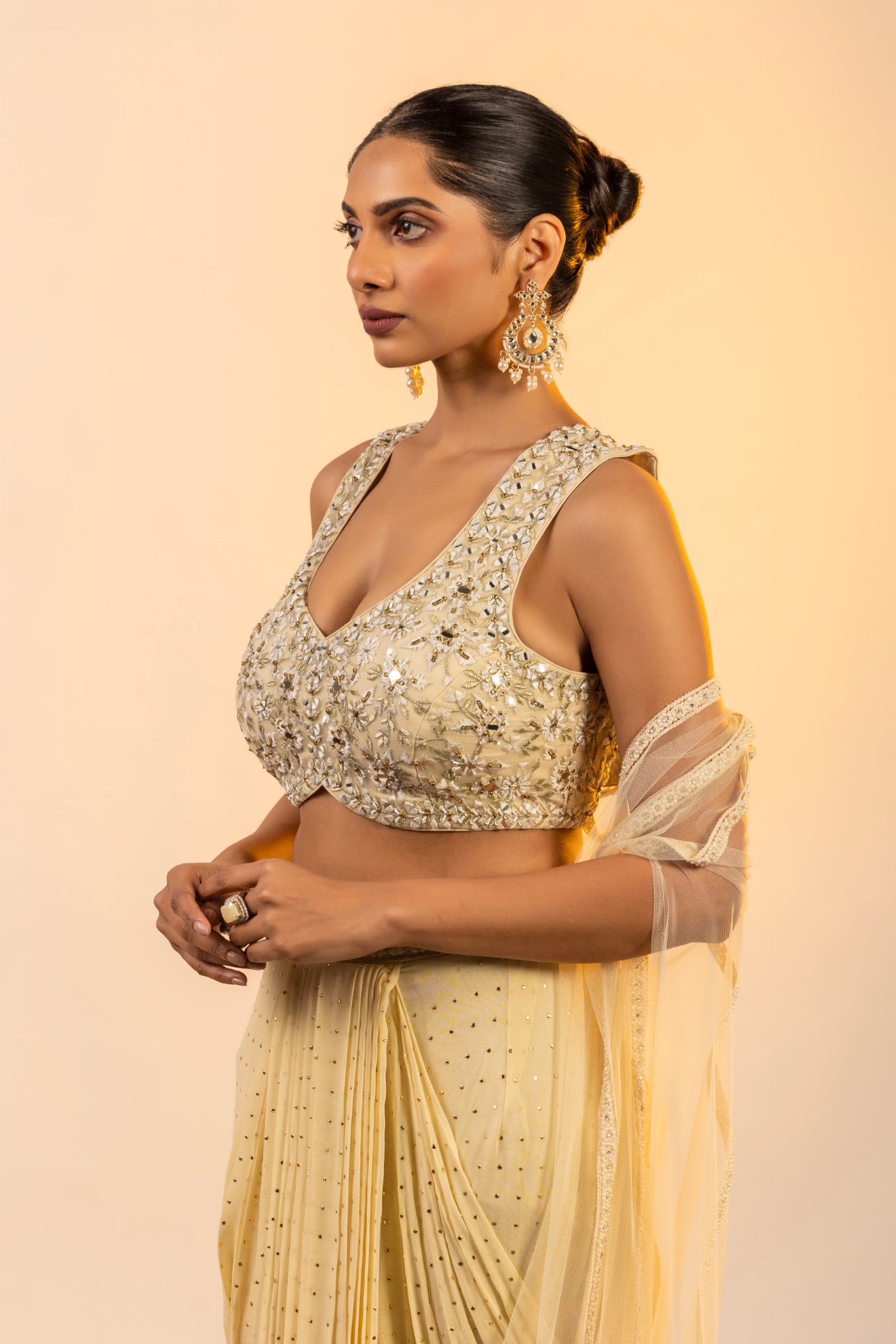 Ivory georgette crop top and skirt with pearl