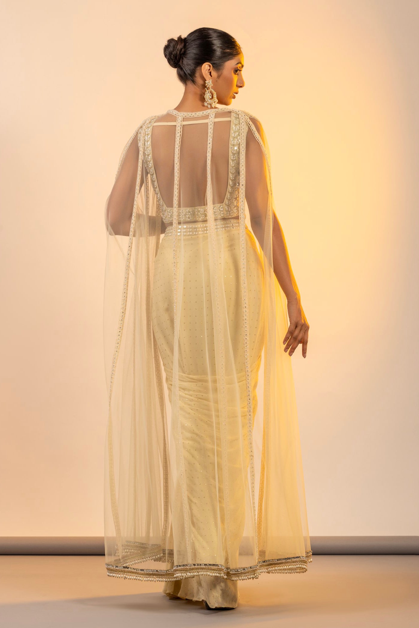 Ivory georgette crop top and skirt with pearl