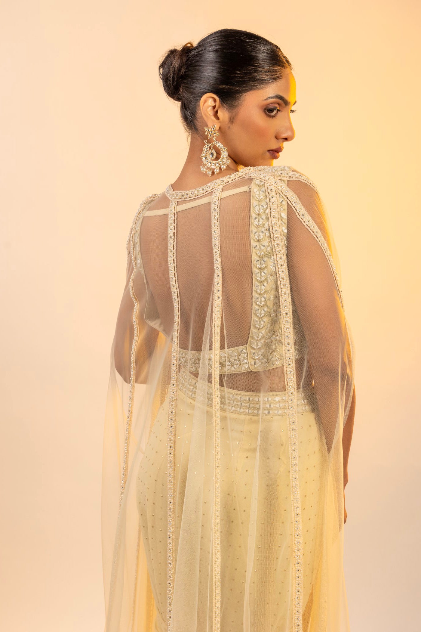 Ivory georgette crop top and skirt with pearl