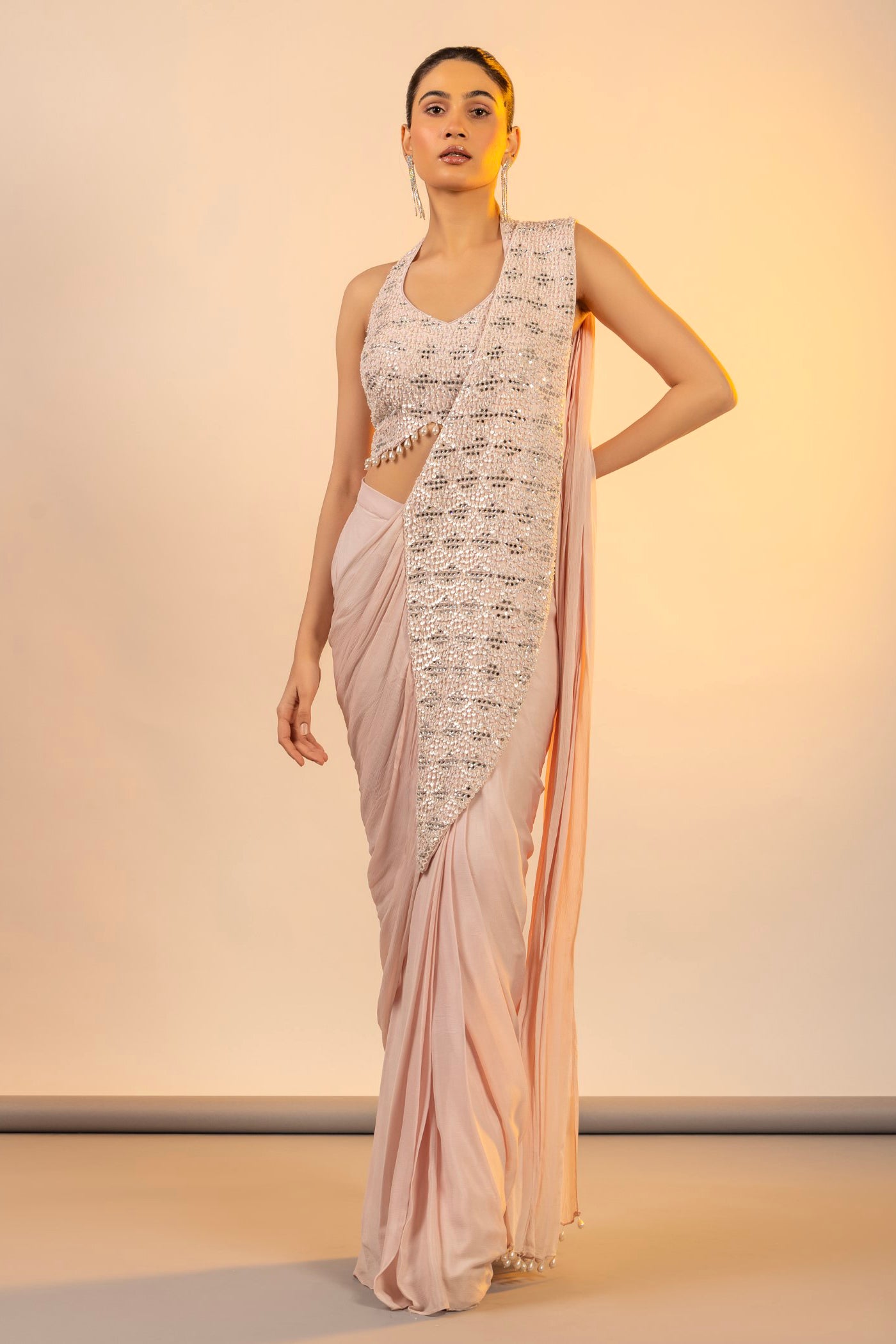 Blush Pink Drape Saree and Blouse Set