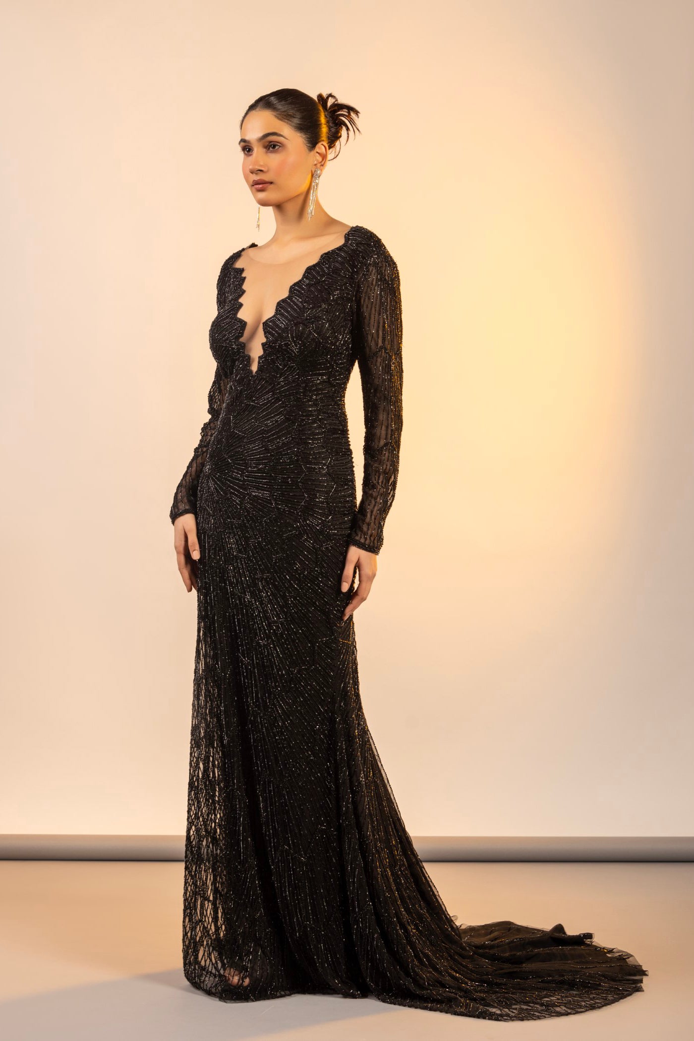 Black one piece dress with cutdana and poth