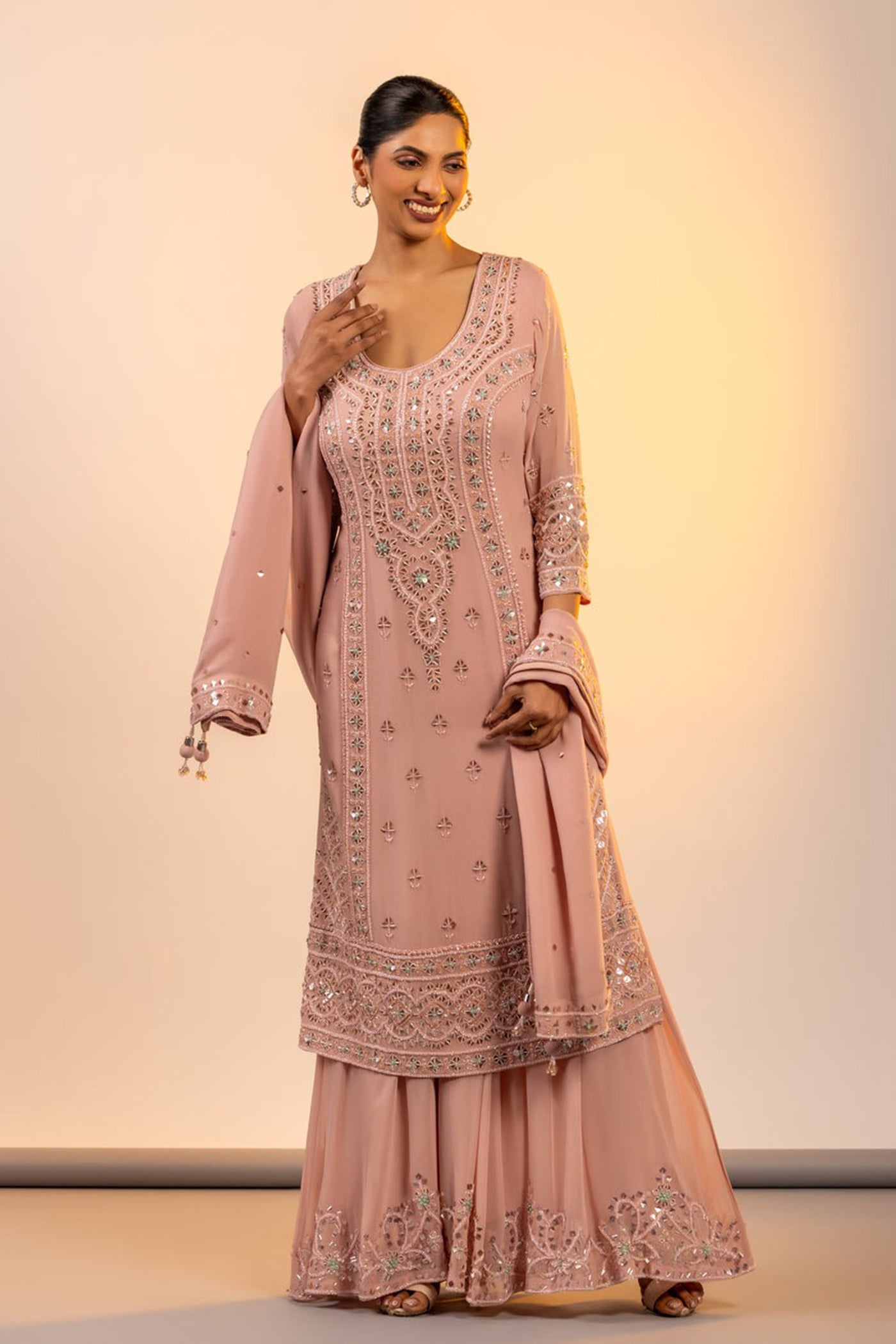 Pink crystal straight suit with sharara and dupatta