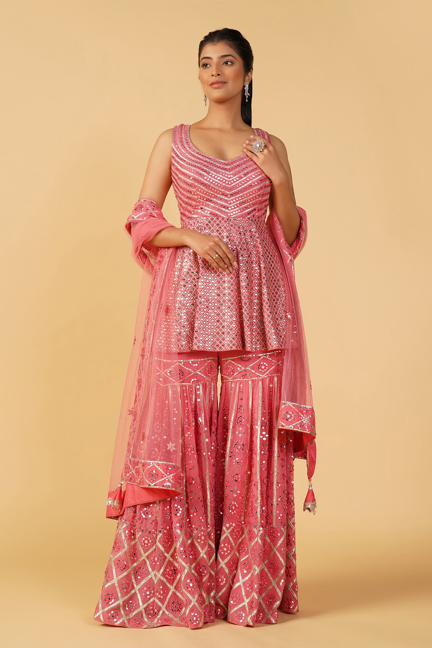 Playful Coral Punk Peplum Top And Gharara