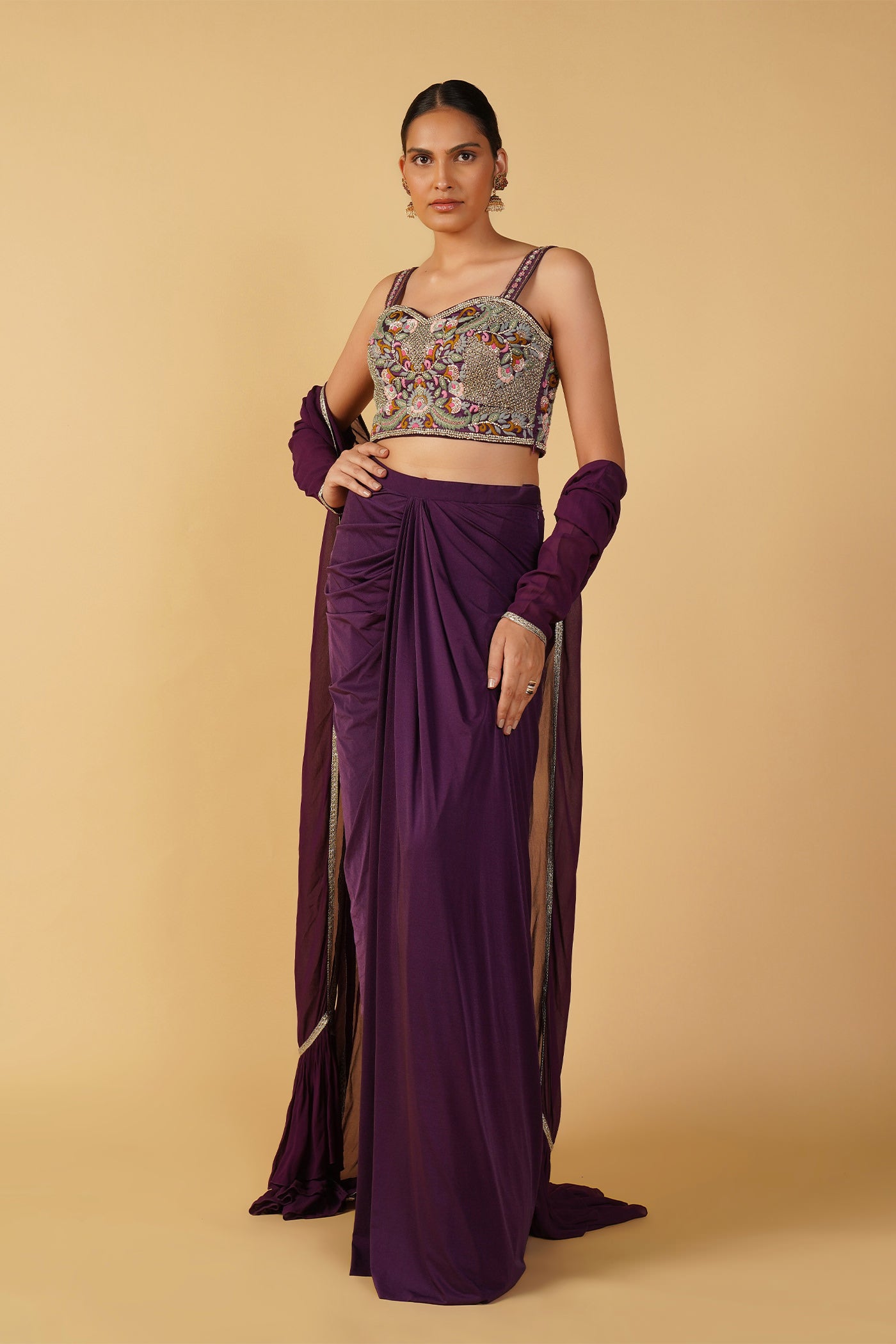 Deep Purple Dhoti and Crop Top - Main Image