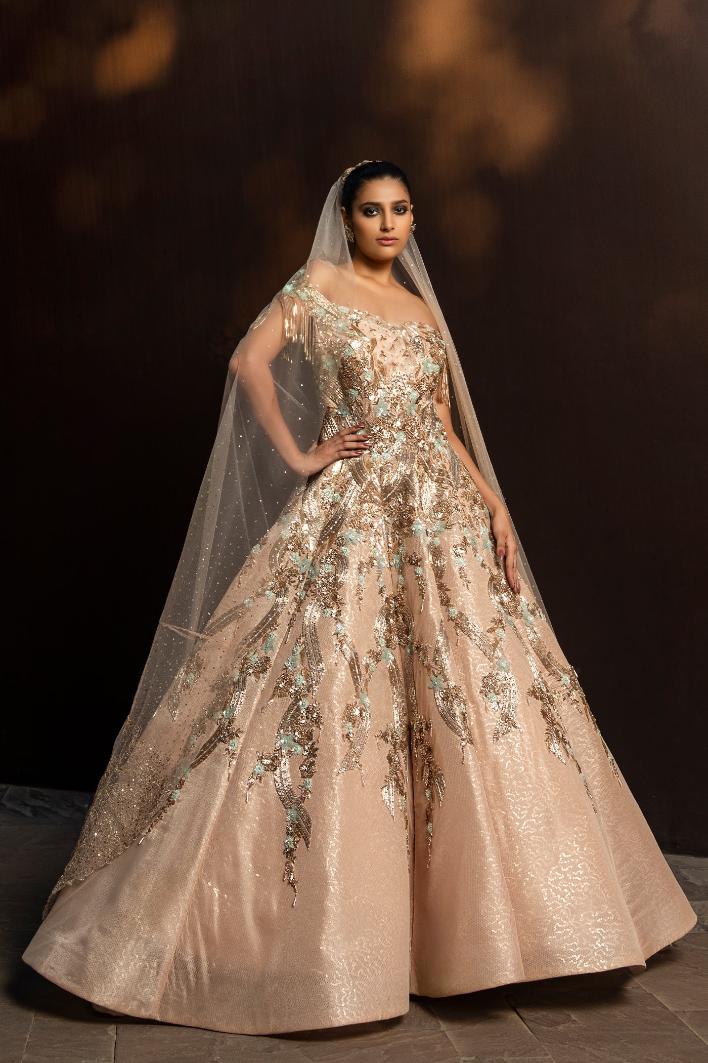Gold Organza Gown With Trail