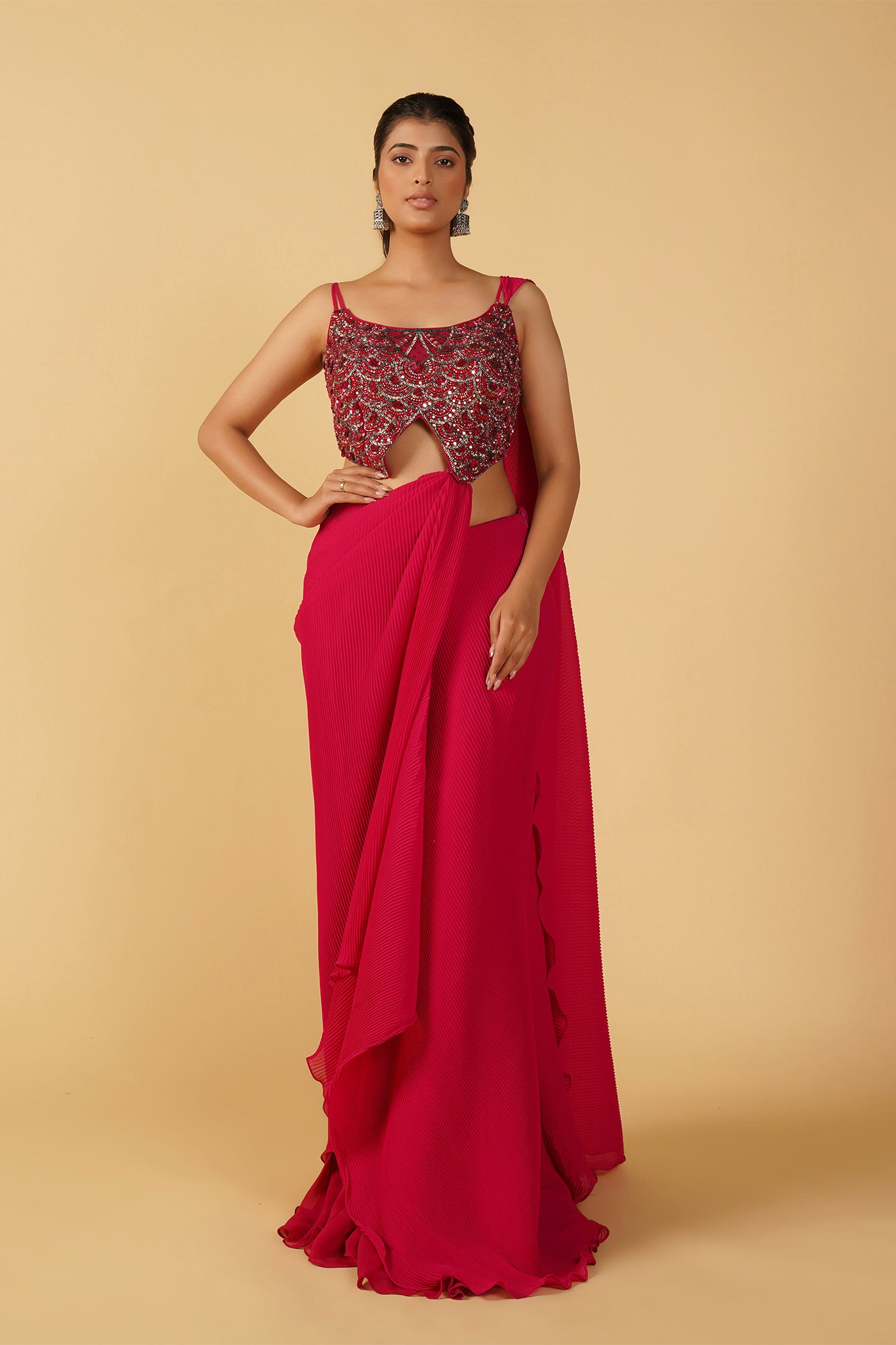 Pink Feather drape saree