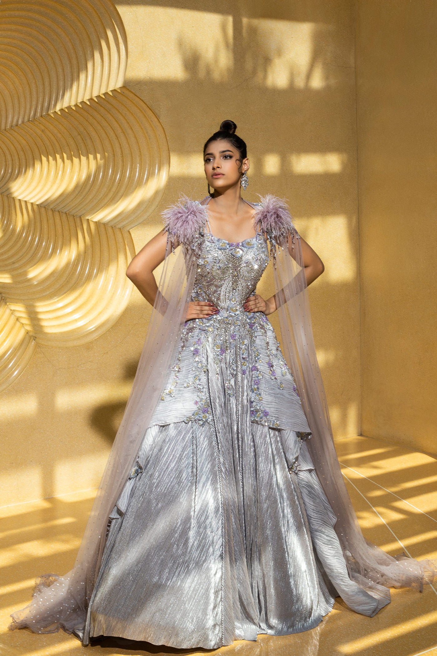 Grey organza Gown With Shoulder Wings