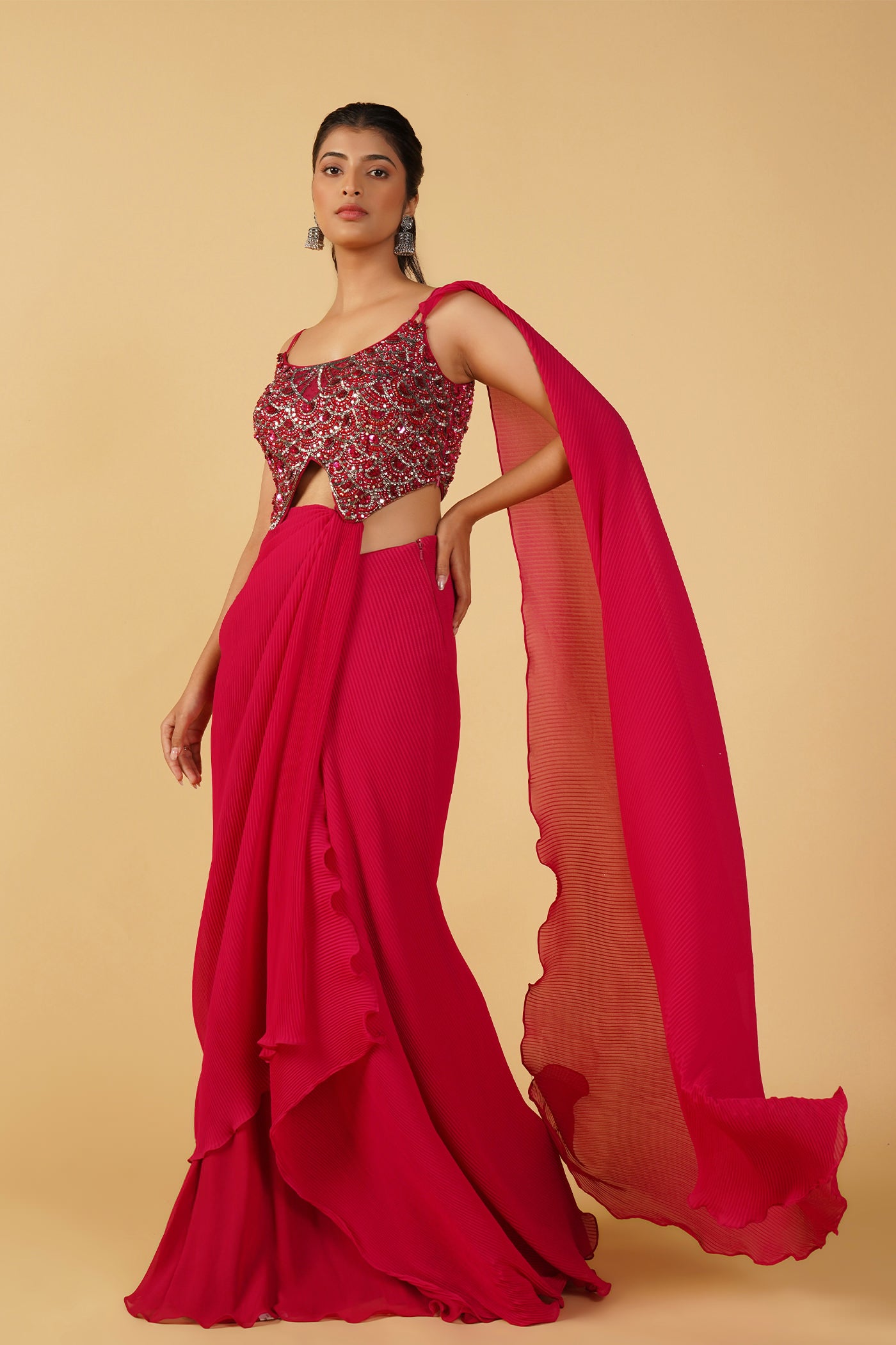Pink Feather drape saree