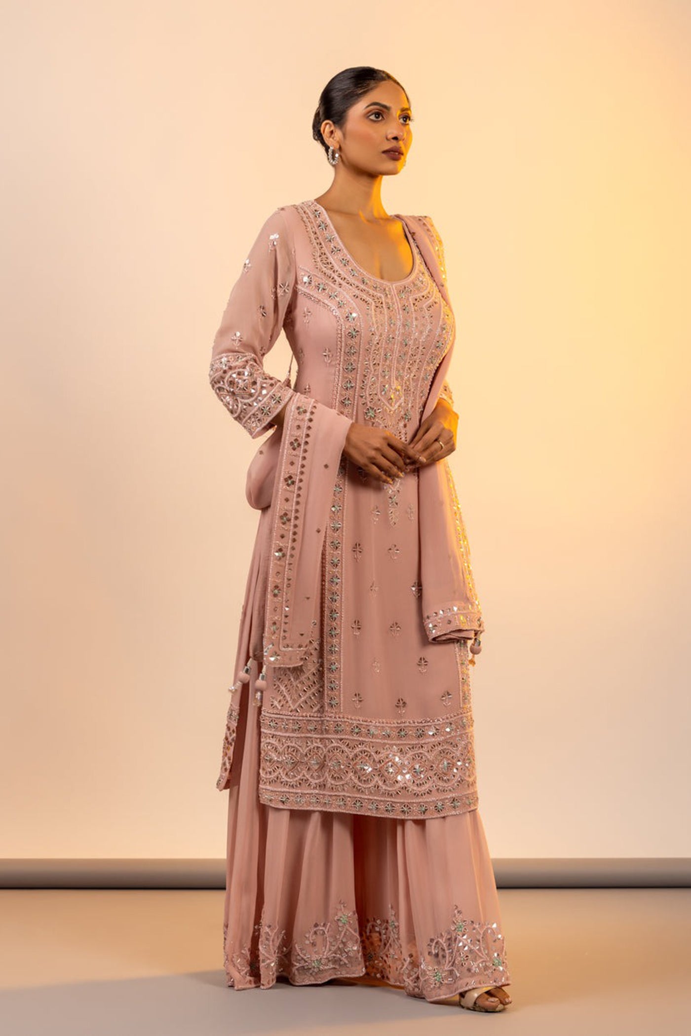 Pink crystal straight suit with sharara and duppata