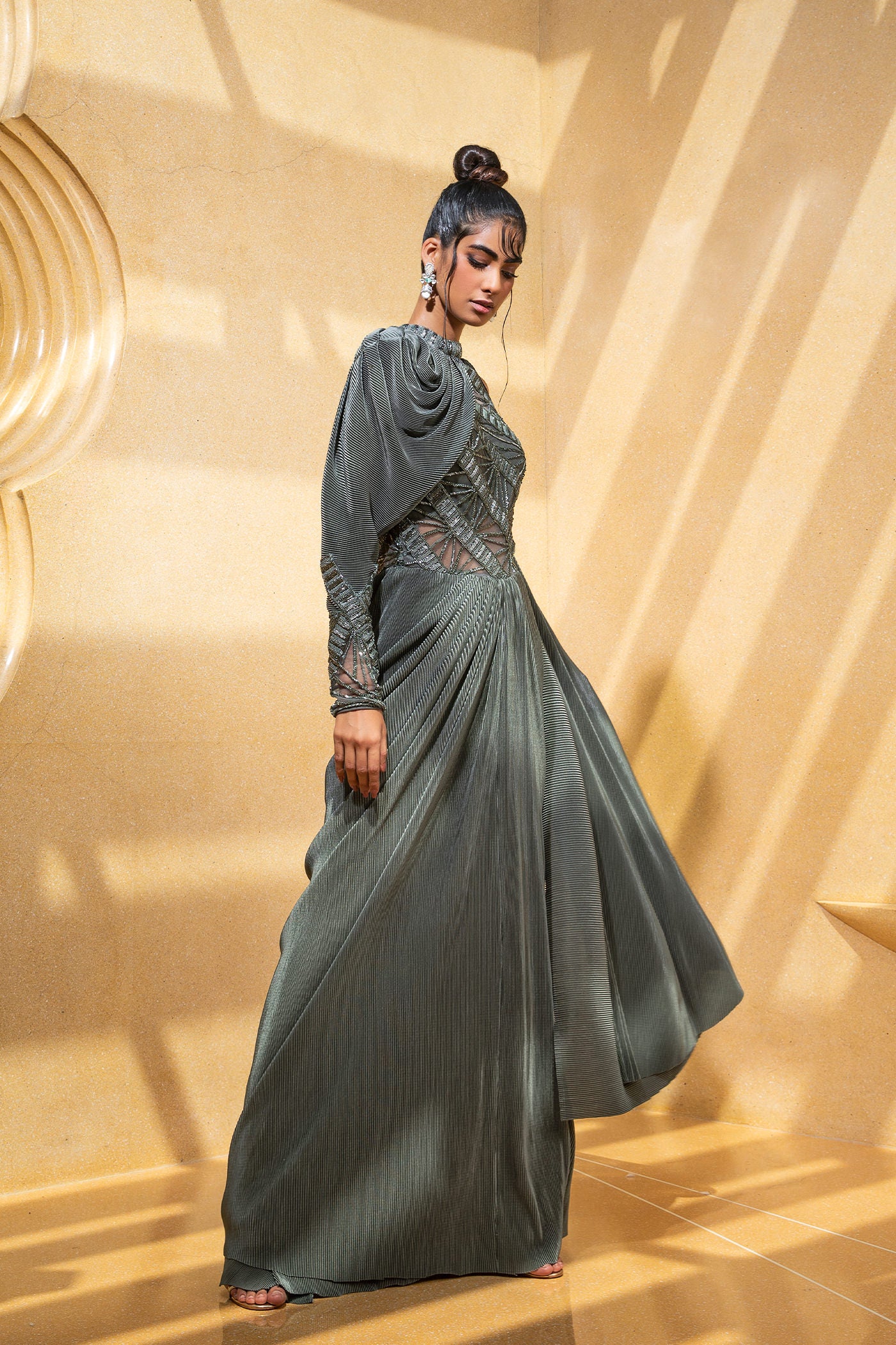 Mouse Grey Draped Saree With One Shoulder Blouse