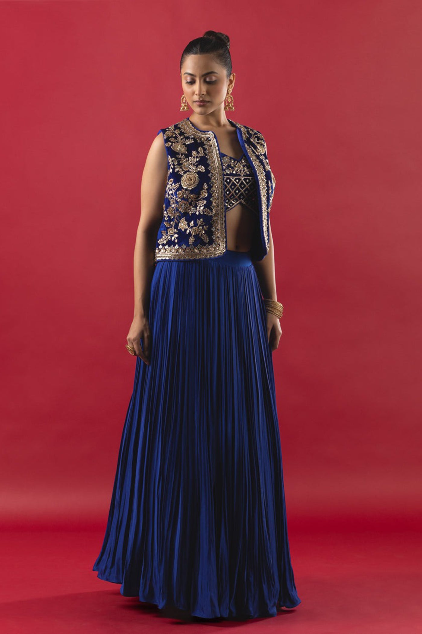 Electric Blue Crop Top With Jacket And Skirt