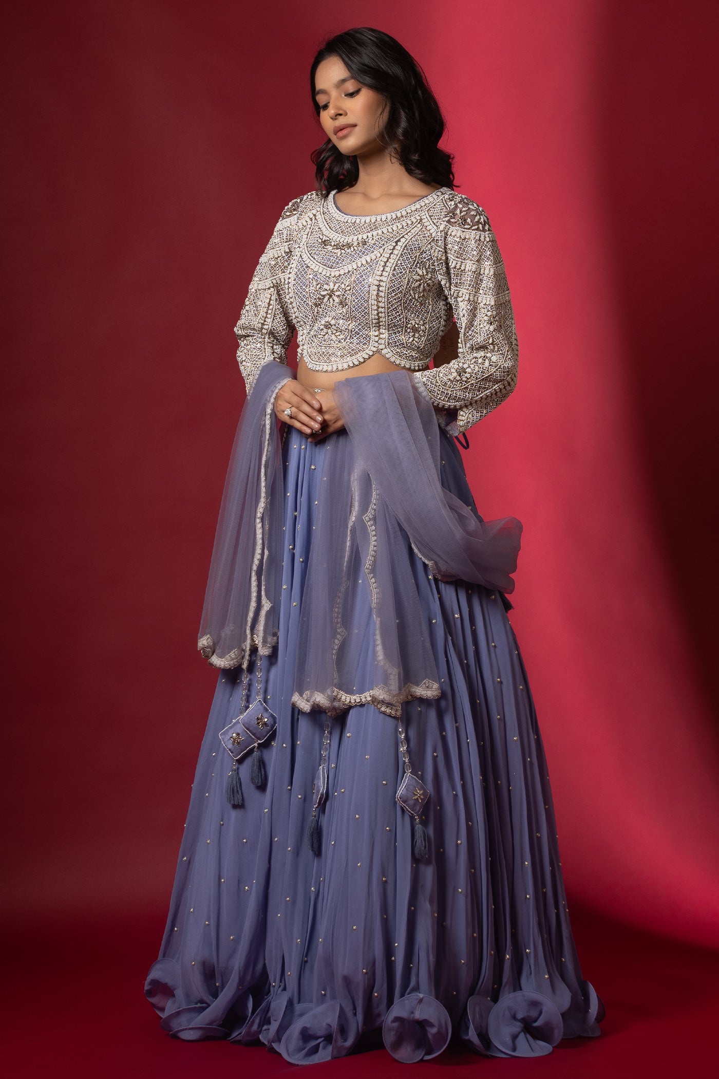 Emerald crop top with skirt and dupatta