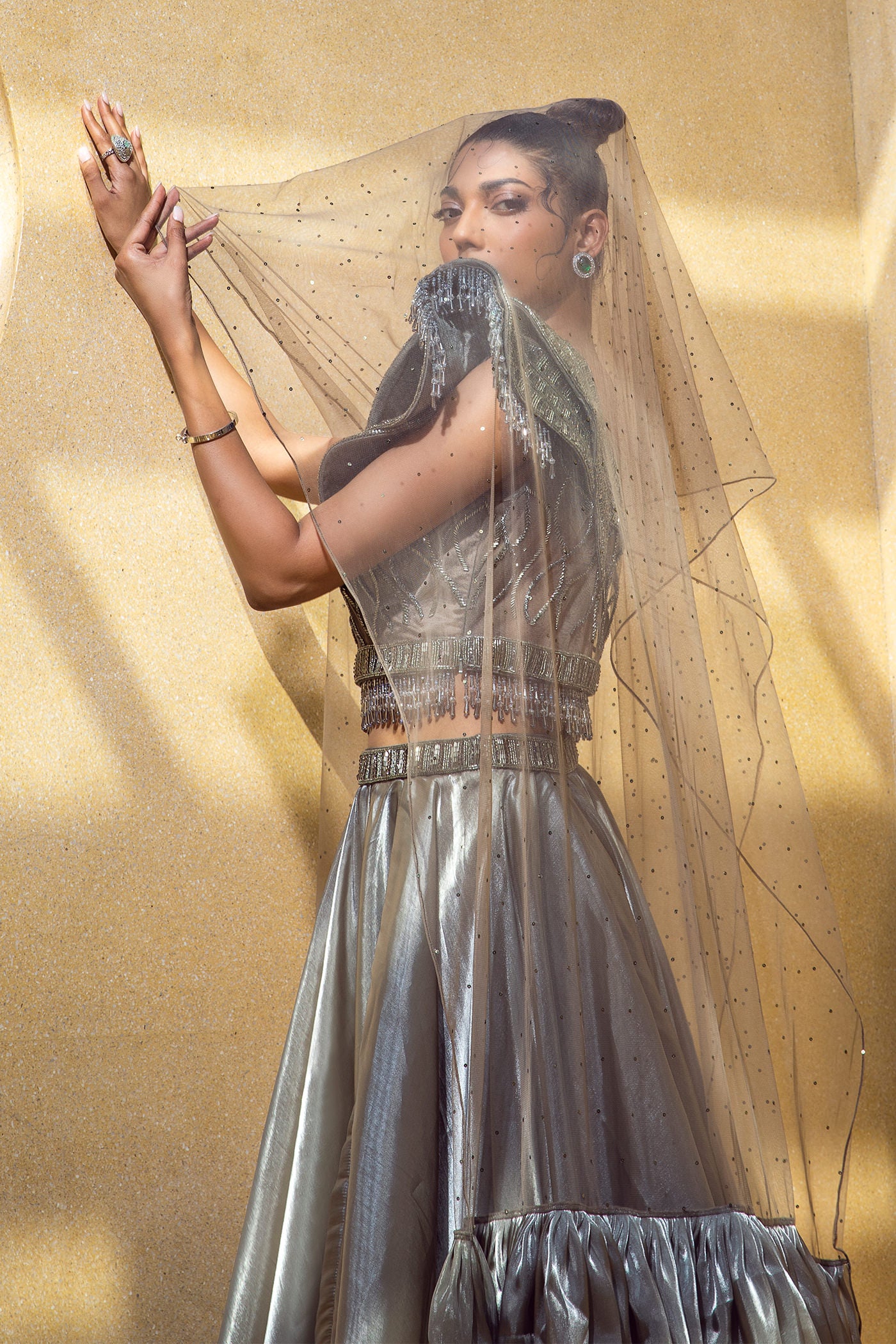 Metallic silver Green Lehenga Set In Organza