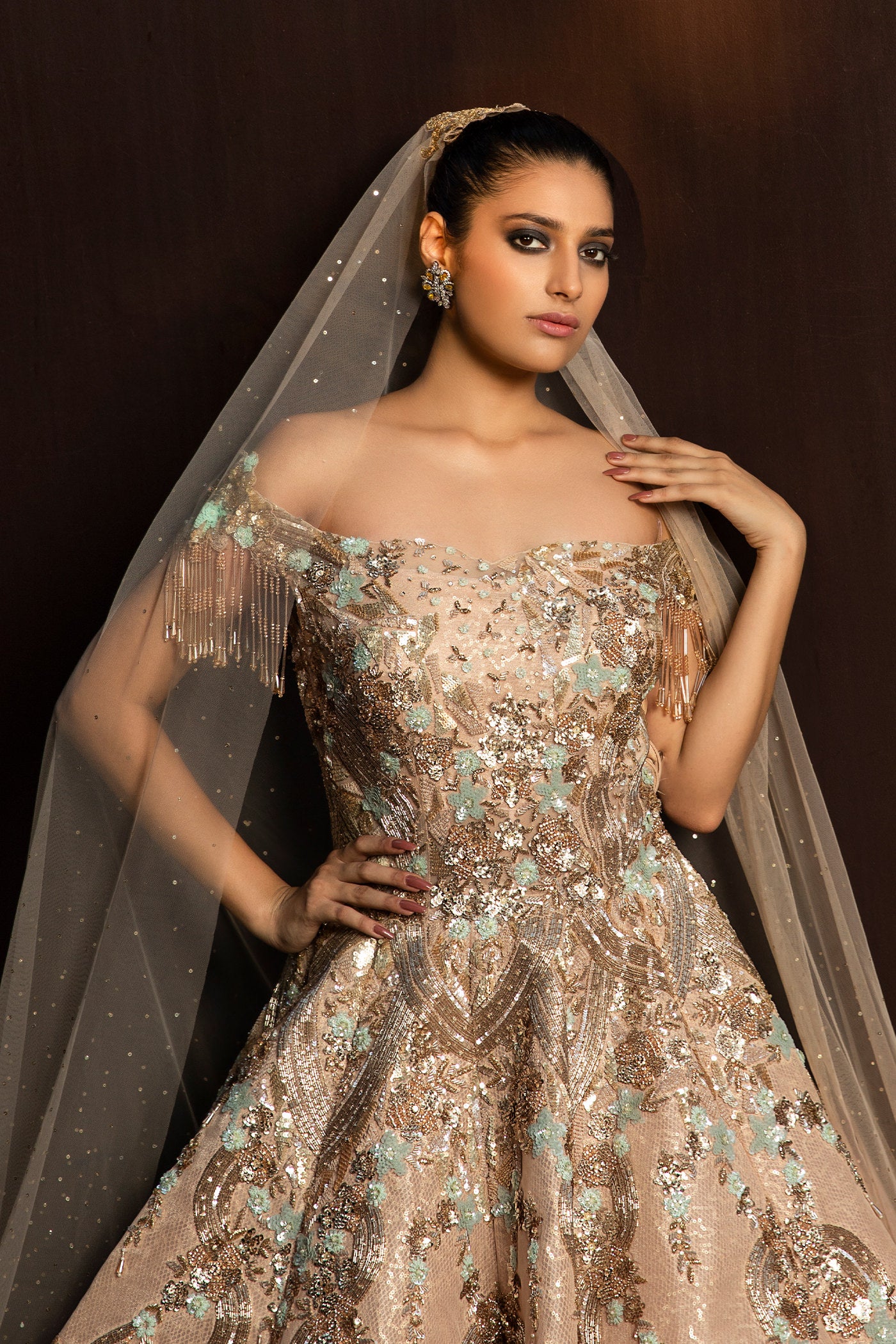 Gold Organza Gown With Trail