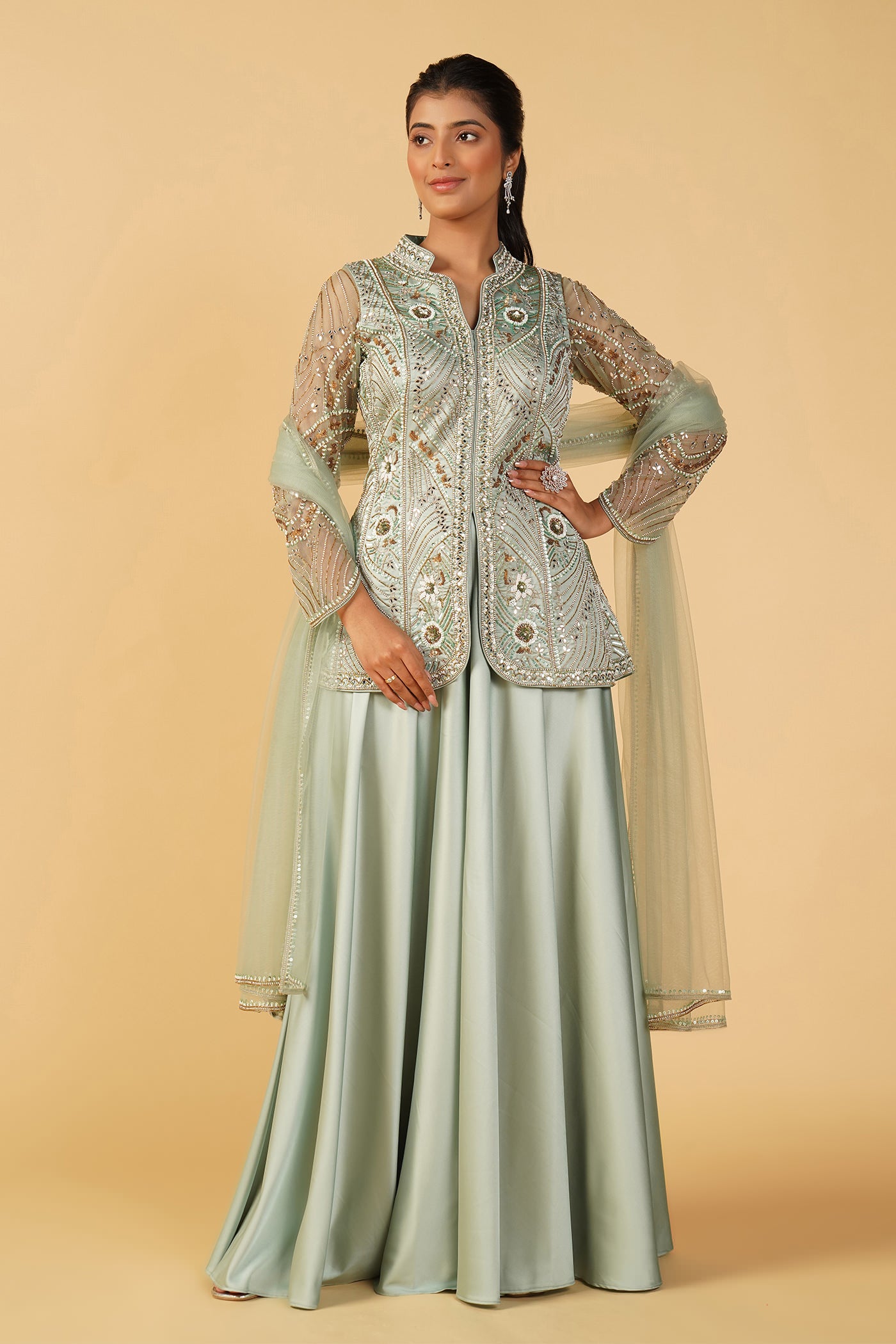 Breezy Mint Green Achkan With Palazzo