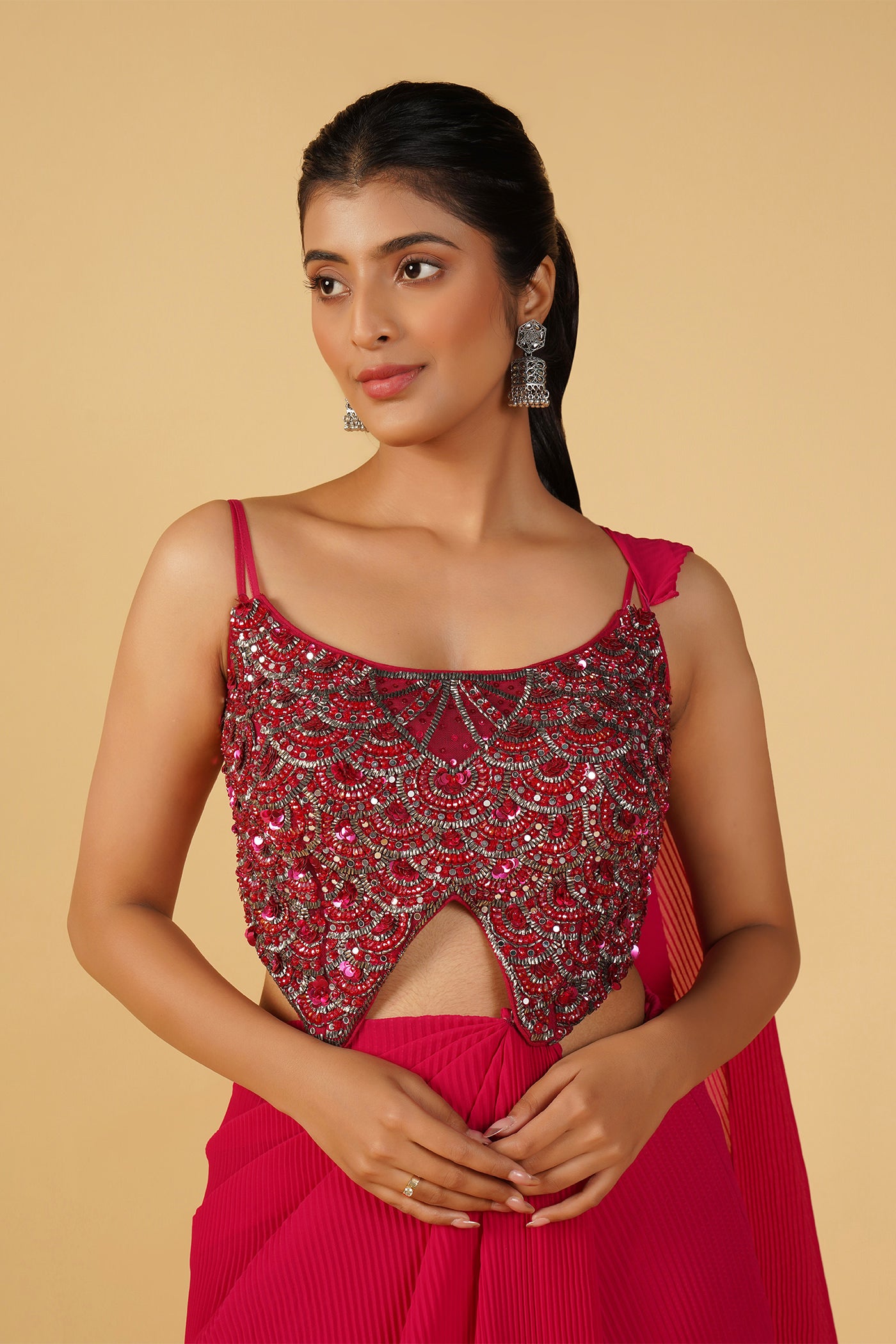 Pink Feather drape saree